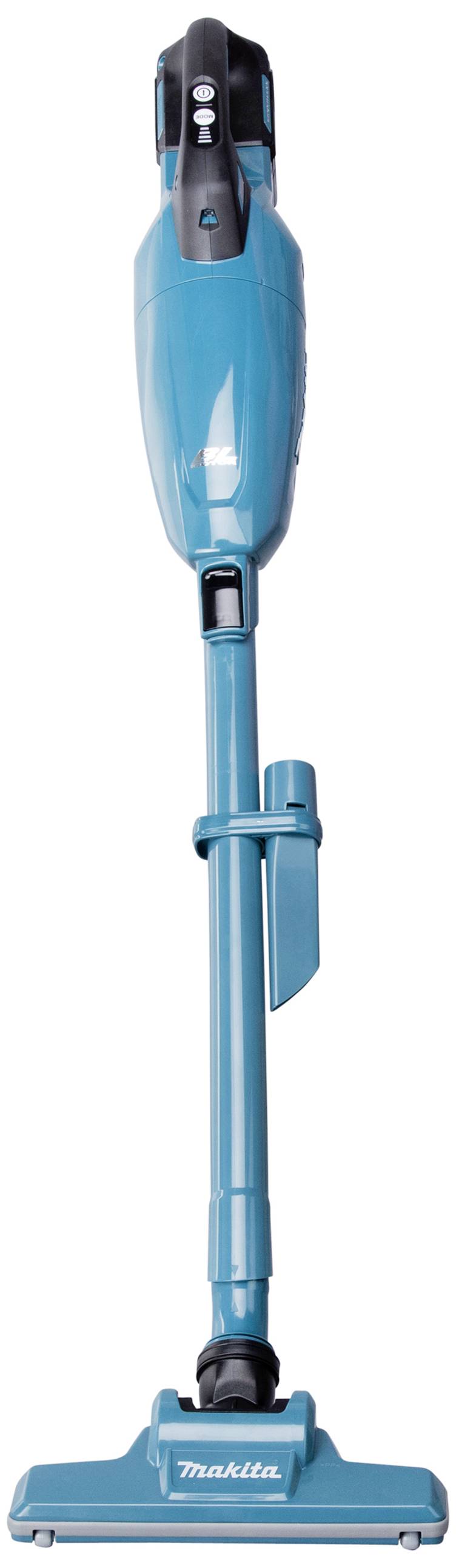 Türkiser kabelloser Staubsauger von Makita; kompakt und modern, mit schlankem Design für leichte Handhabung.