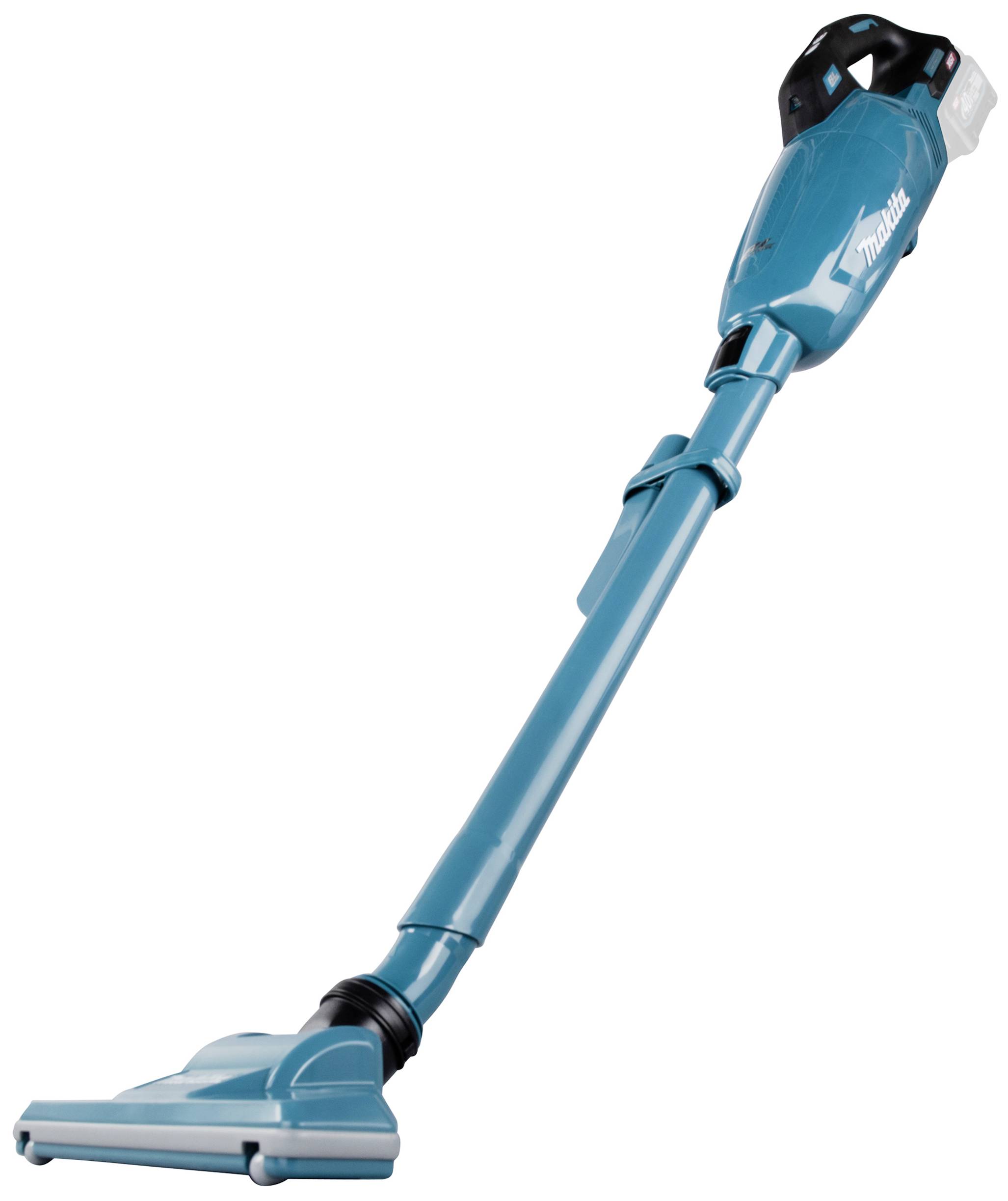 Kabelloser, blauer Handstaubsauger von Makita, seitlich gezeigt.
