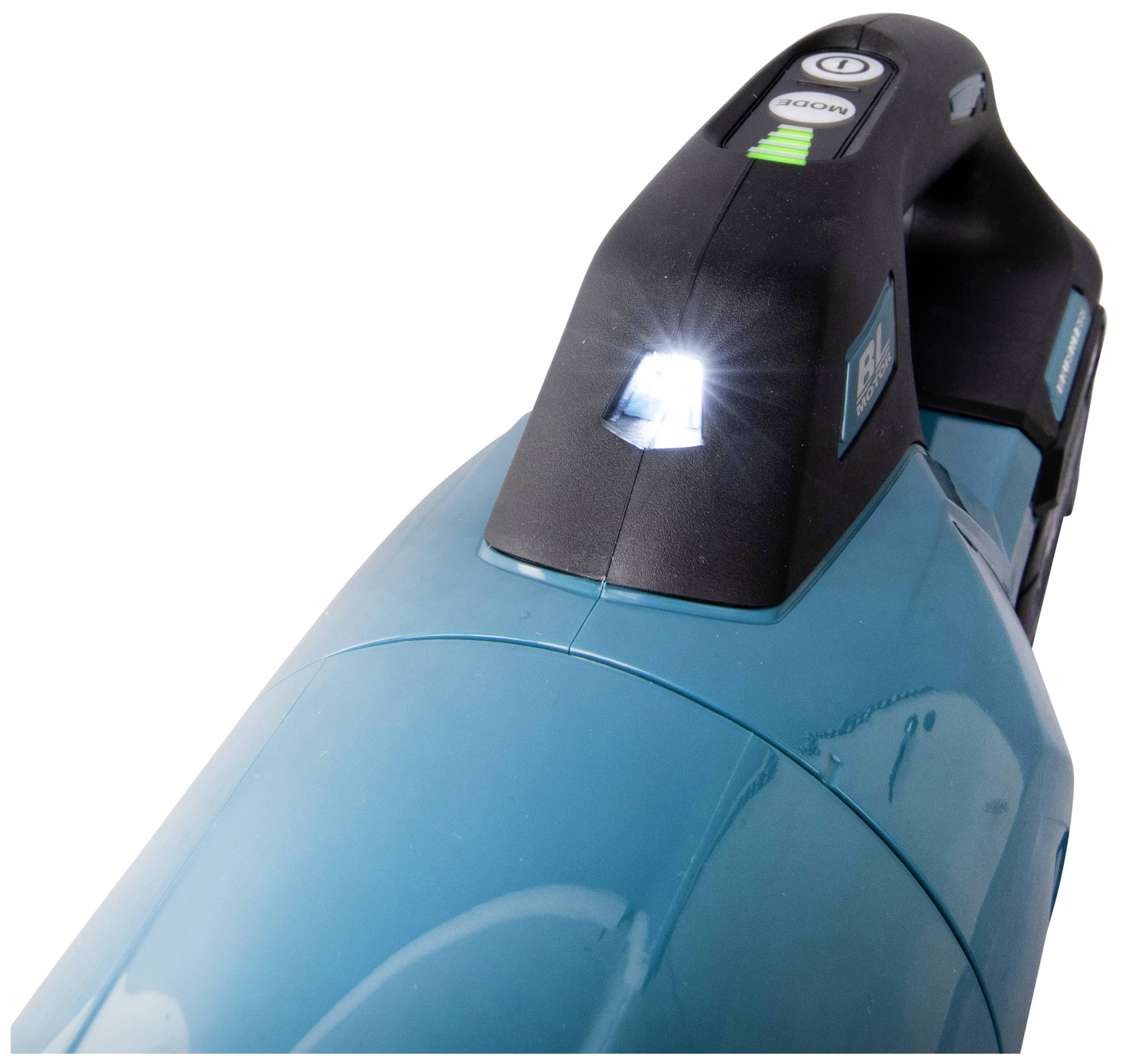 Ein blauer, tragbarer Staubsauger mit LED-Licht am Griff.