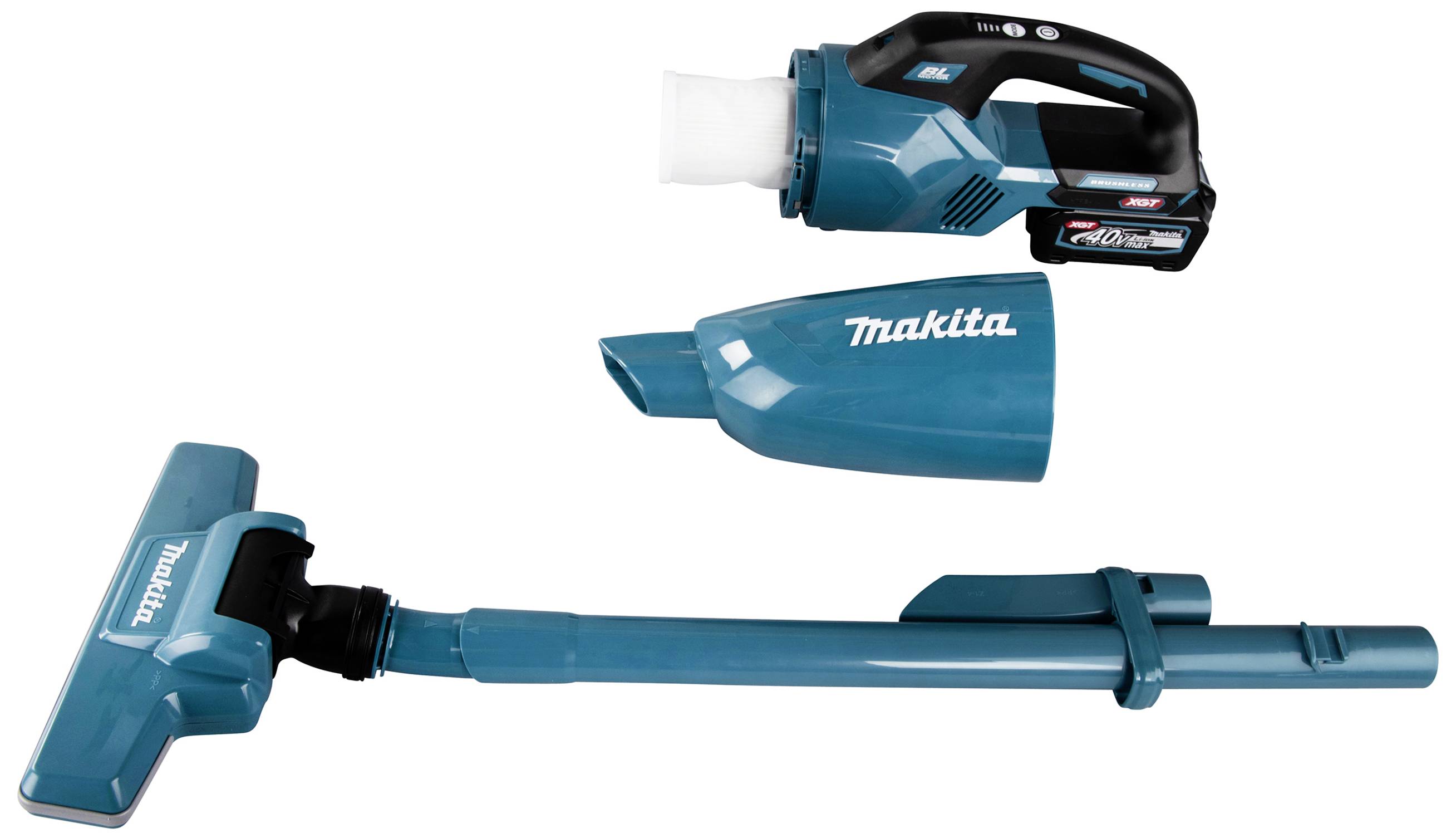 Akku-Staubsauger in Einzelteilen: Motor, Staubsammelbehälter und Saugrohr. Farbe: Blau. Markenname 'Makita' deutlich sichtbar.