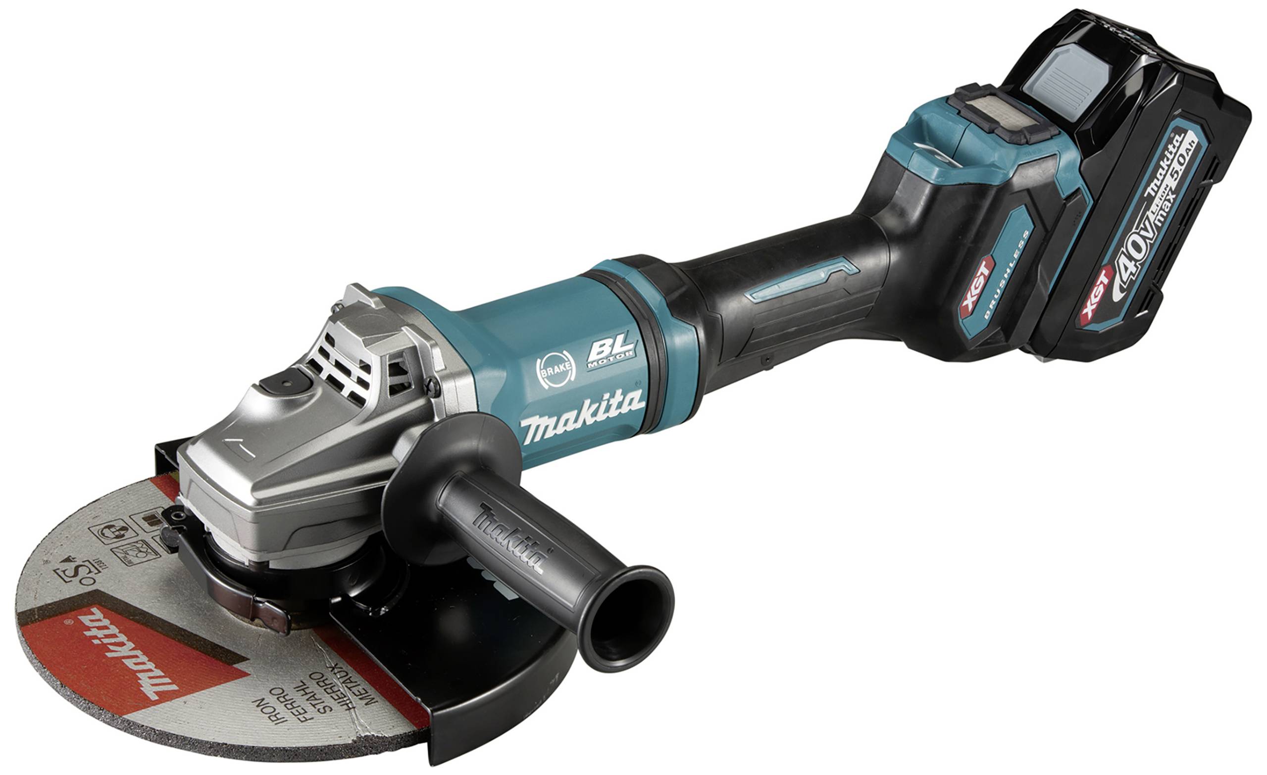 Akku-Winkelschleifer mit großer Scheibe, blau-schwarz, ergonomischer Griff. Geeignet für Metallbearbeitung und Schleifarbeiten.