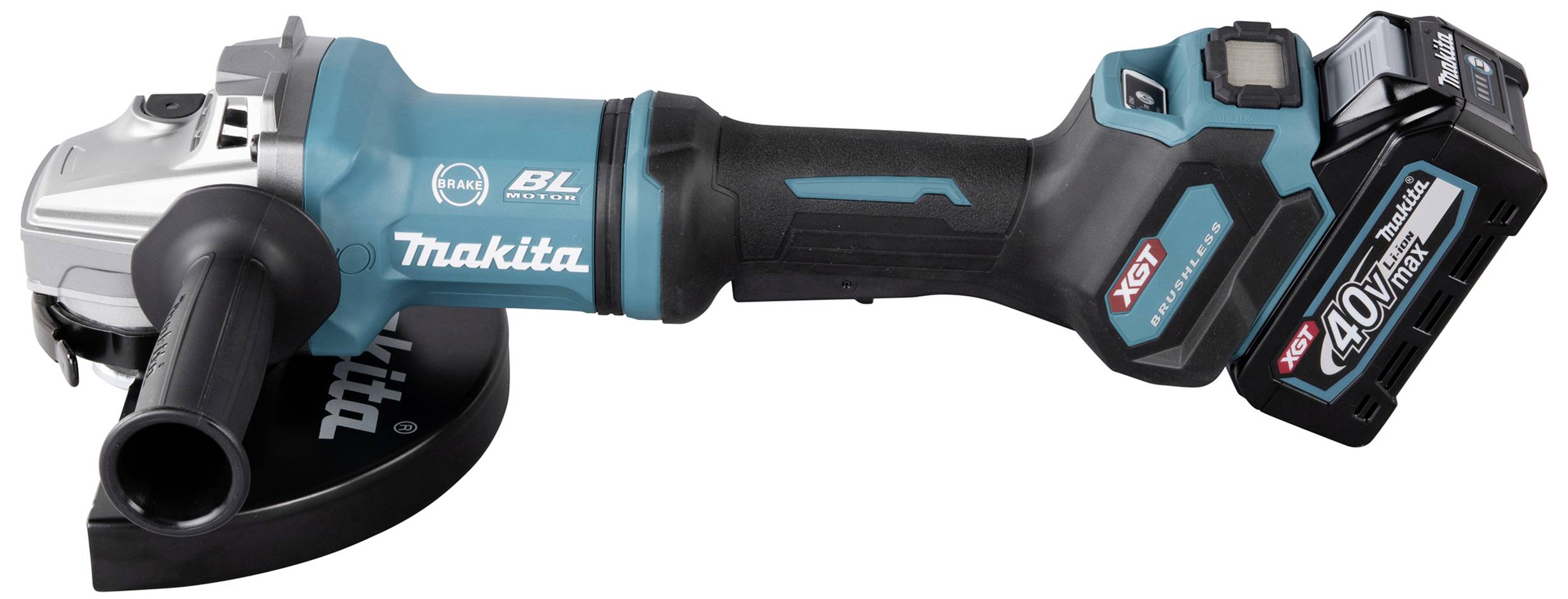 Ein blauer und schwarzer Akku-Winkelschleifer der Marke Makita, Modell XGT 40V Max, mit montiertem Griff und Akku.