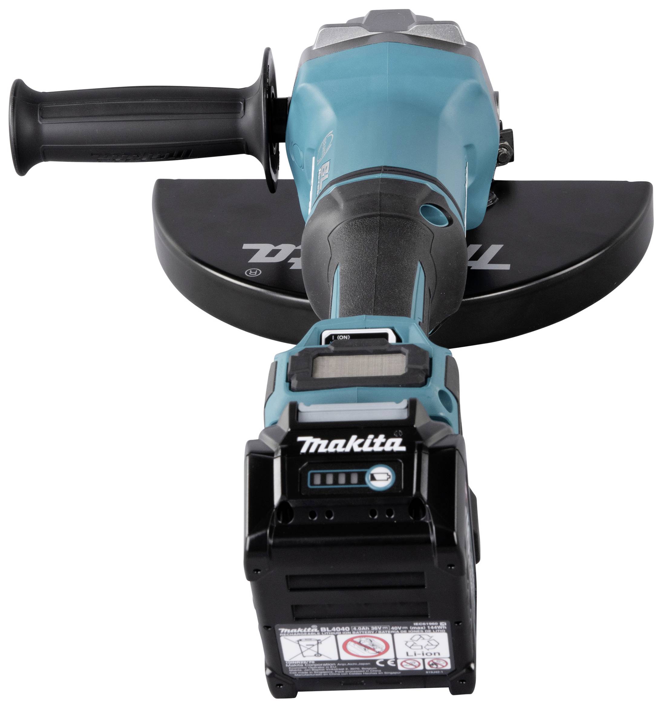 Ein grüner Elektrowinkelschleifer der Marke Makita mit einem schwarzen Griff und Schutzabdeckung, Ansicht von hinten.