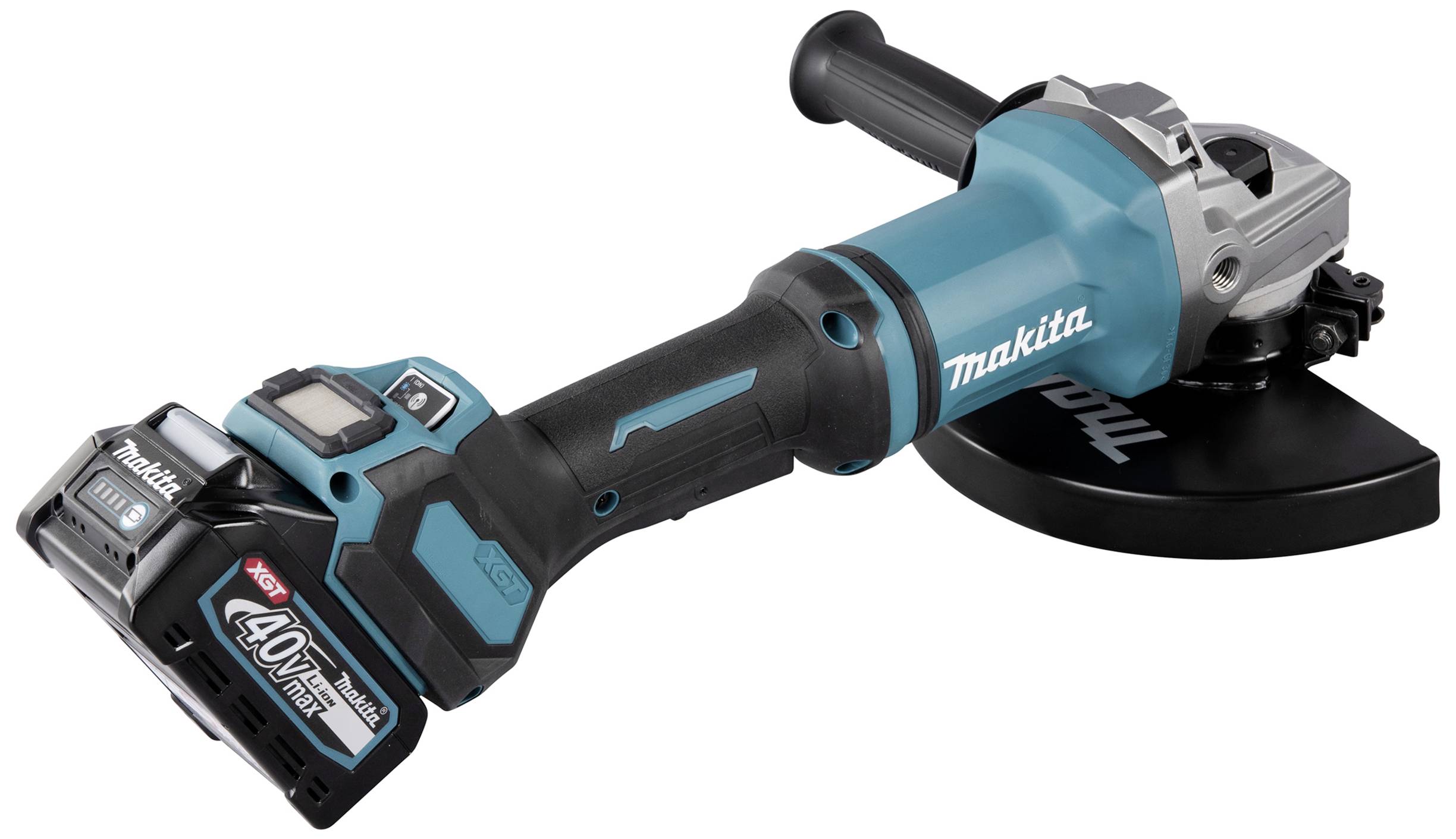 Kabelloser Winkelschleifer der Marke Makita, ausgestattet mit einem 40V-Akku, abgebildet auf weißem Hintergrund.