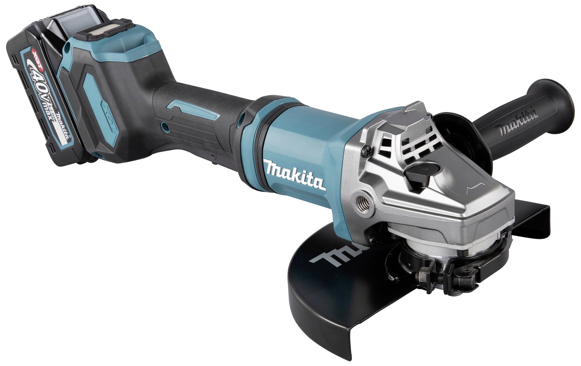 Akkubetriebener Winkelschleifer in Blau-Schwarz von Makita mit Handgriff und Schutzabdeckung.