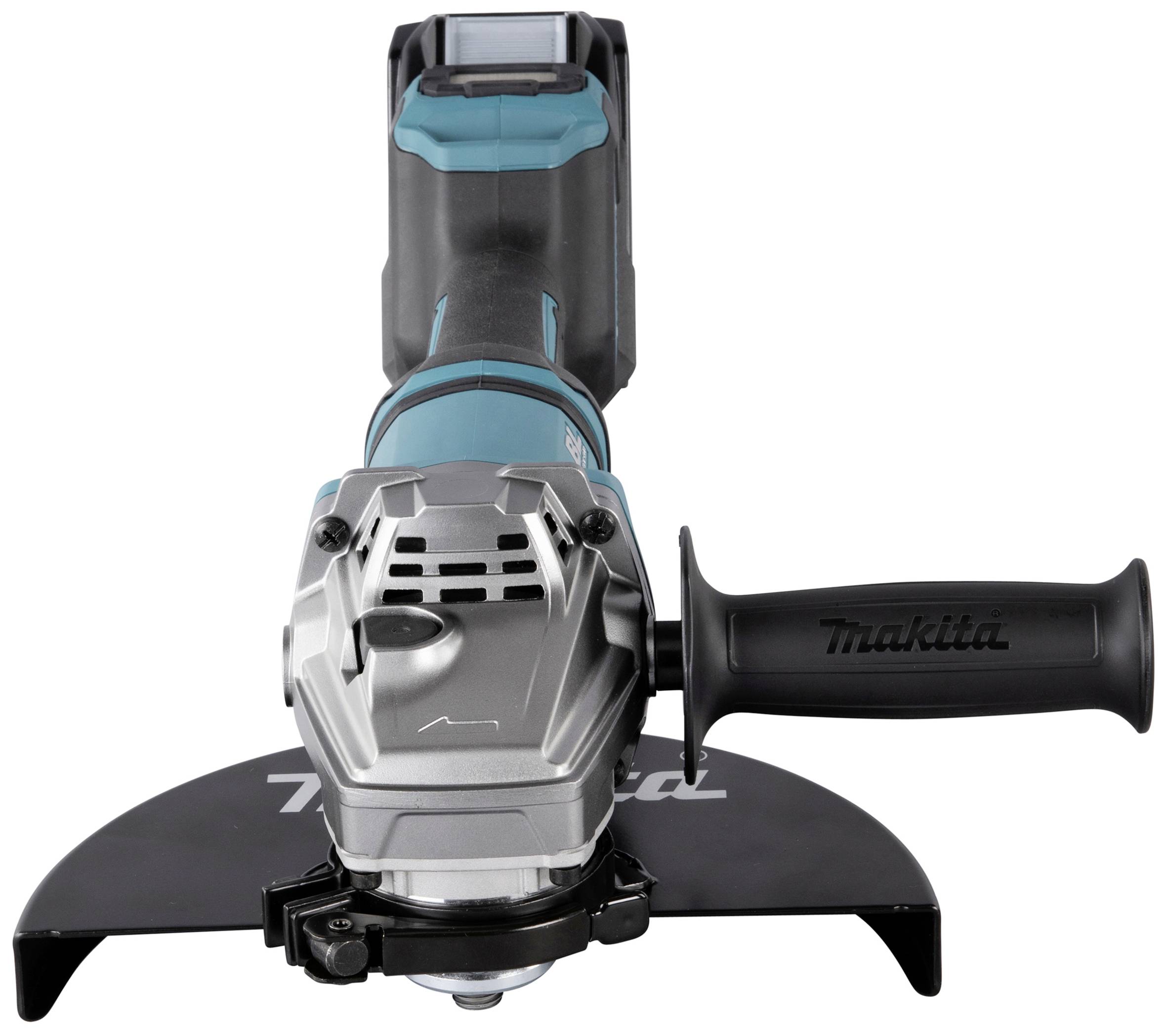 Akkubetriebener Winkelschleifer mit grauem und blauem Gehäuse, schwarzem Handgriff und Schutzhaube, frontal fotografiert.