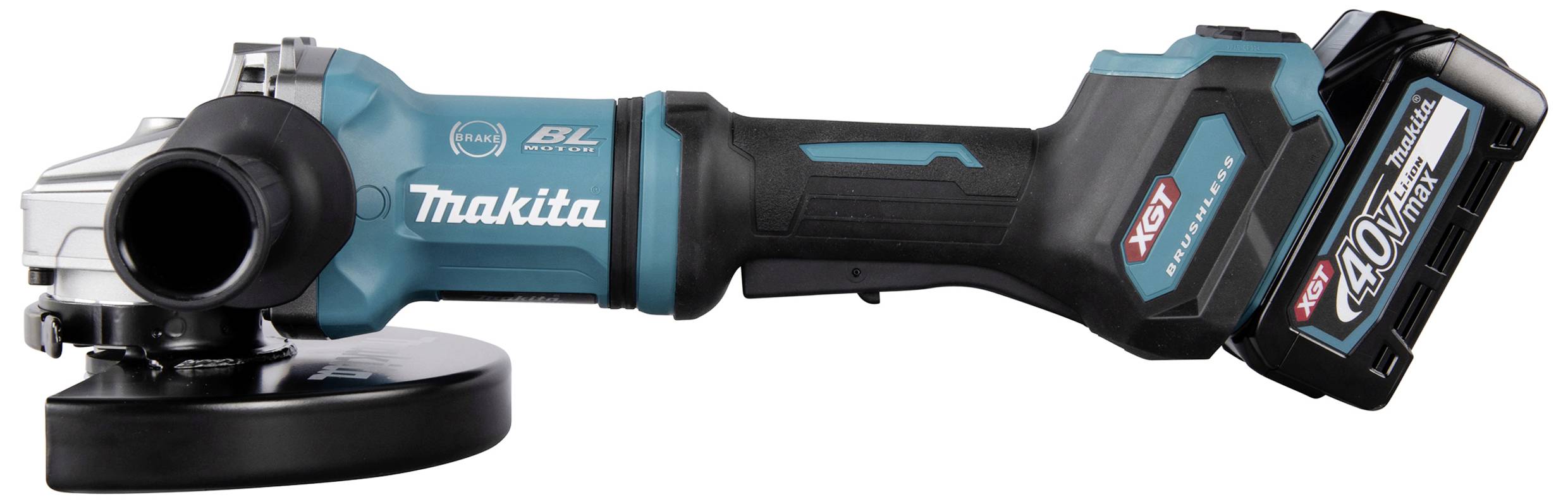 Akku-Winkelschleifer in Blau und Schwarz. Marke 'Makita', Modell mit 40V Akku. Geeignet zum Schleifen und Schneiden von Materialien.