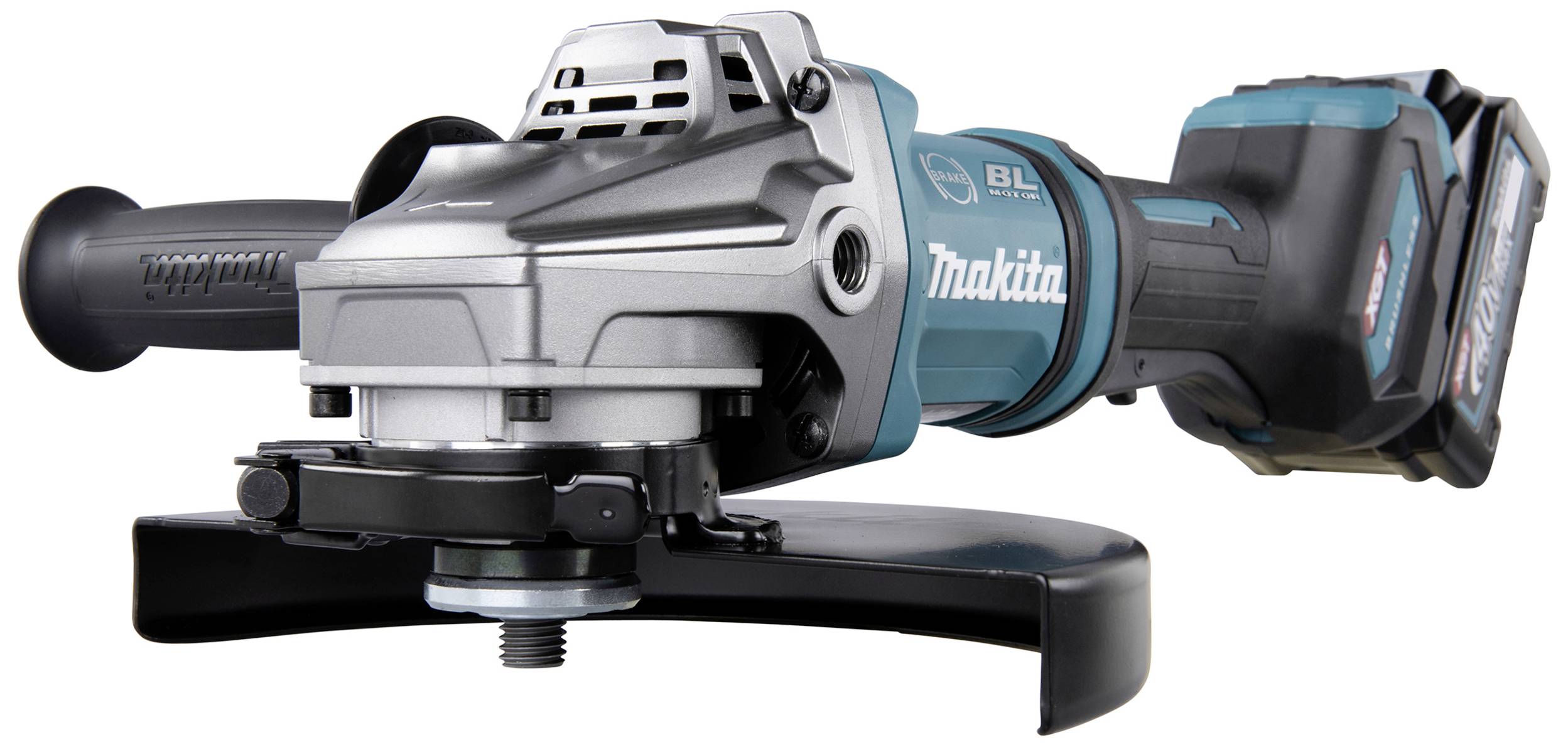 Akkubetriebener Winkelschleifer mit ergonomischem Griff und Schutzhaube, geeignet für präzise Schneid- und Schleifarbeiten.