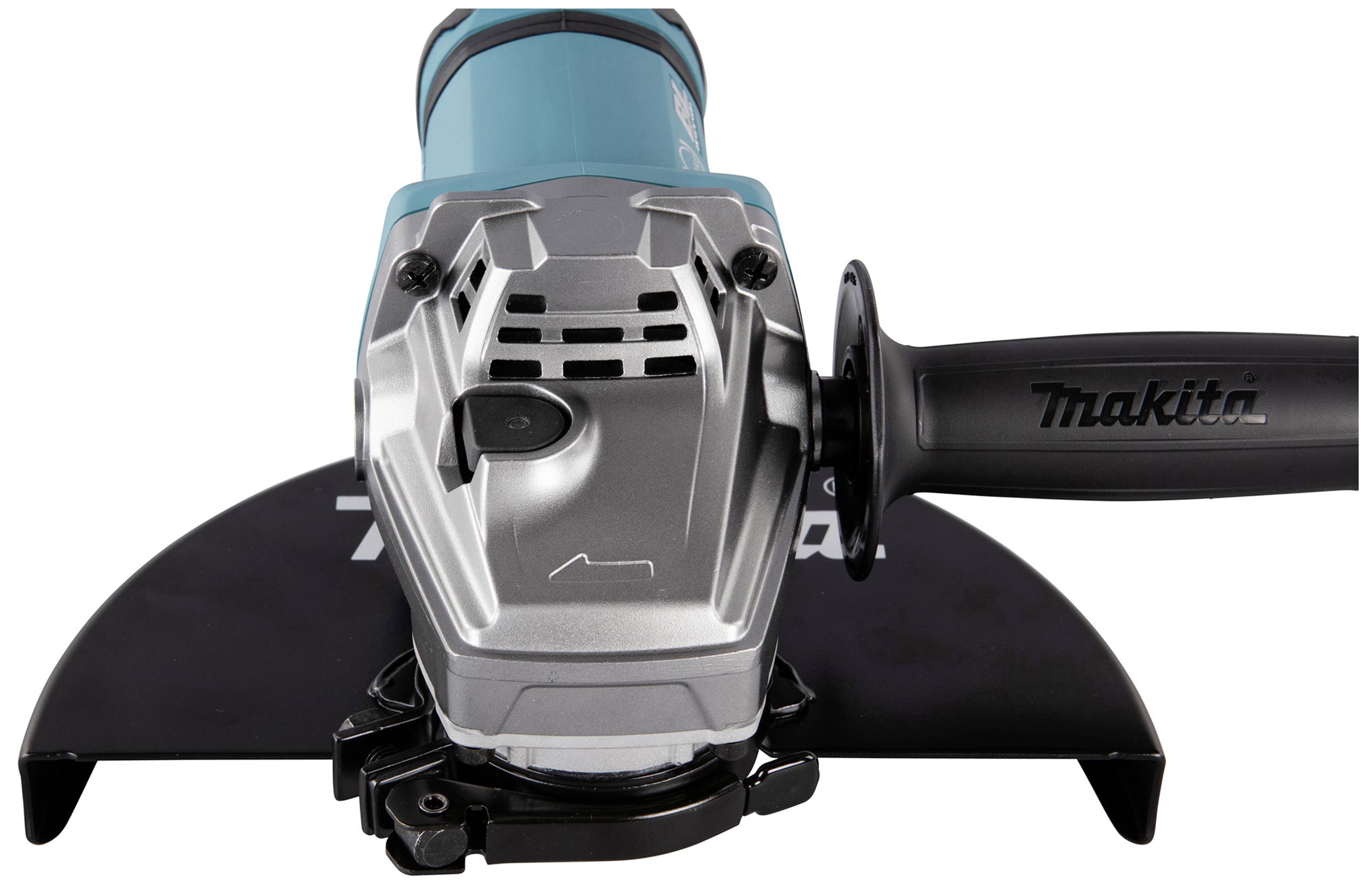 Das Bild zeigt eine blaue Winkelschleifmaschine mit silbernem Gehäuse und schwarzem Griff. Die Marke 'Makita' ist auf dem Griff sichtbar.