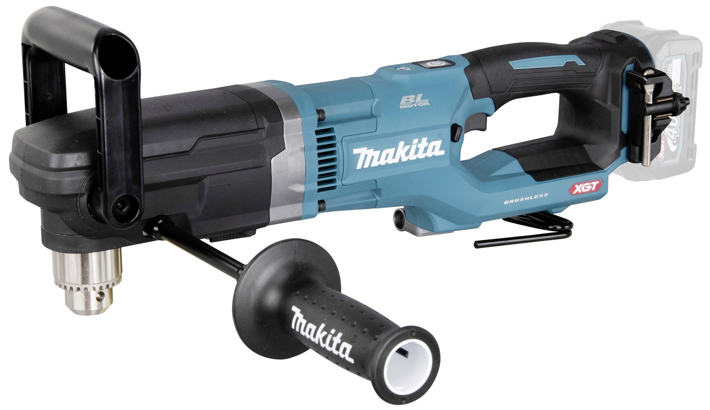 Akkuschrauber von Makita mit seitlichem Griff und blau-schwarzem Design; geeignet für Bohrarbeiten.