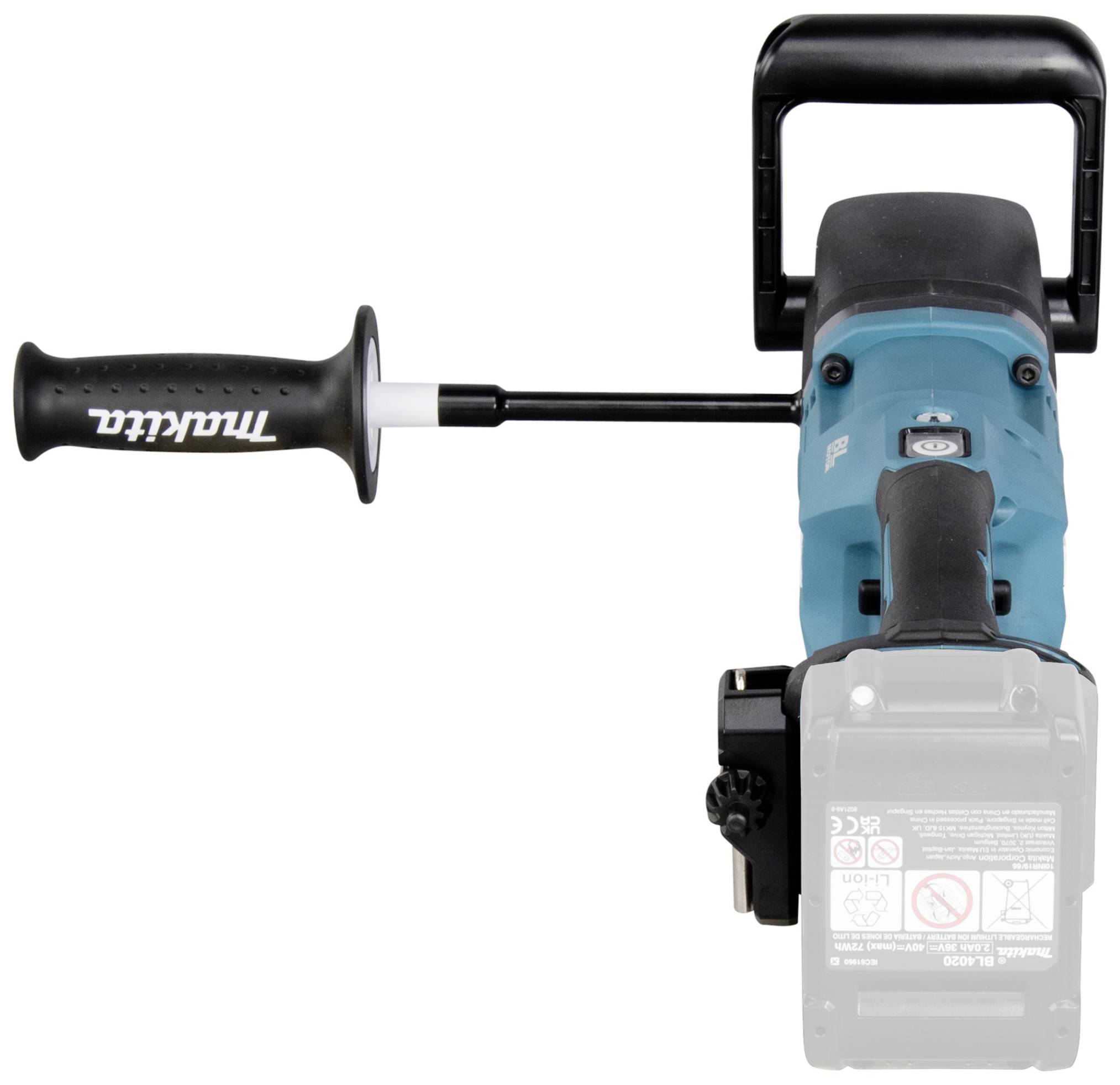 Blauer Elektroschrauber mit schwarzem Griff und seitlichem Stabilisierungsgriff, Markierung 'Makita' auf dem Griff sichtbar.