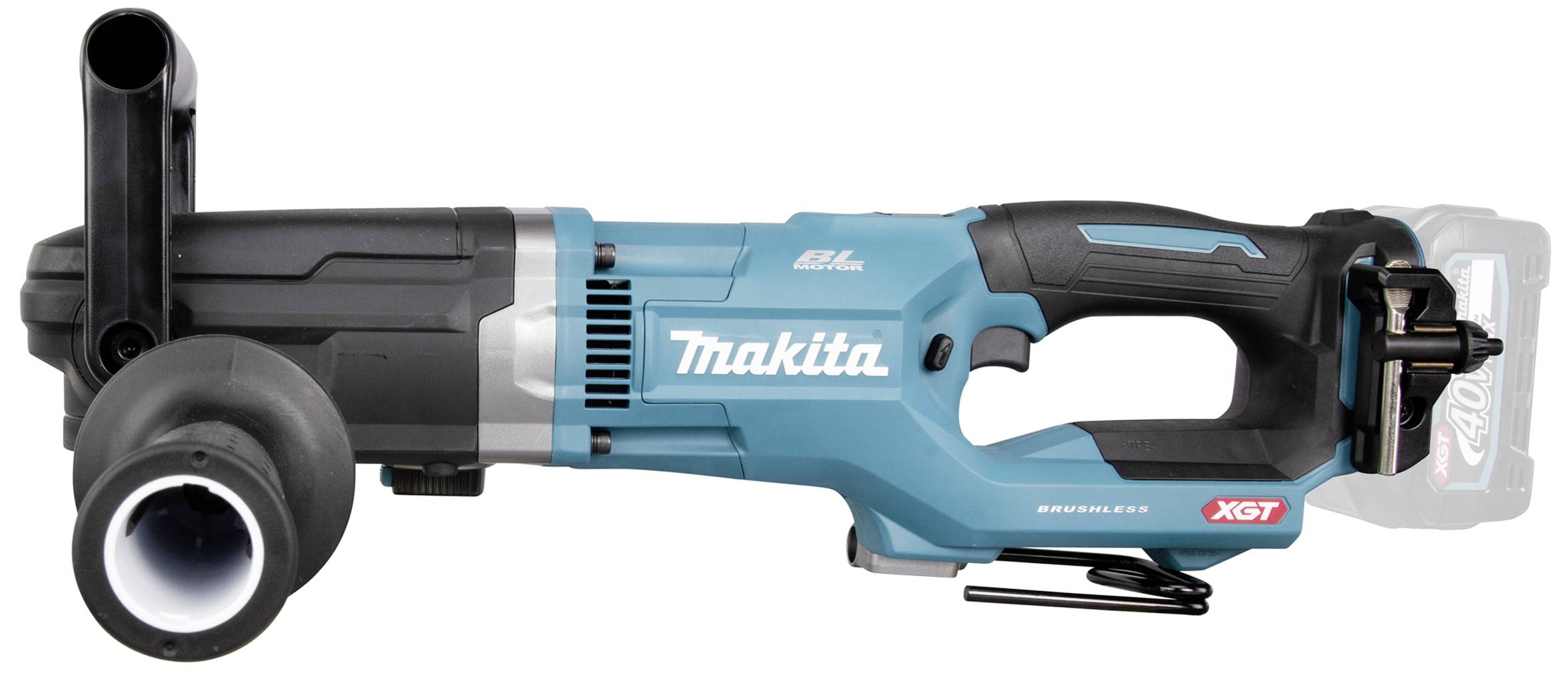 'Makita Winkelschleifer XGT' in blauem Gehäuse, liegt horizontal. Links: zusätzlicher Handgriff, rechts: Akkuhalterung.