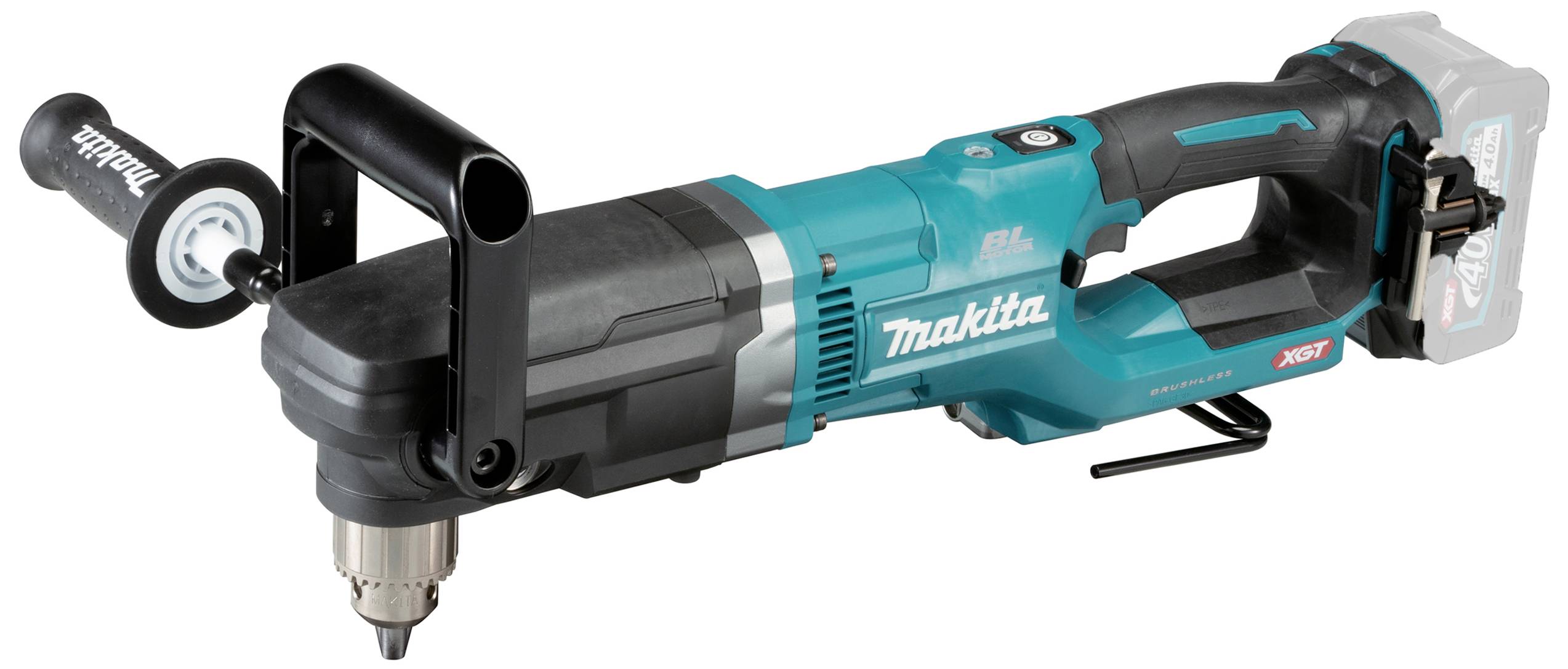 Akkuwinkelbohrmaschine in blau-schwarzem Design. Sie hat einen ergonomischen Griff und einen seitlichen Zusatzgriff für besseren Halt.