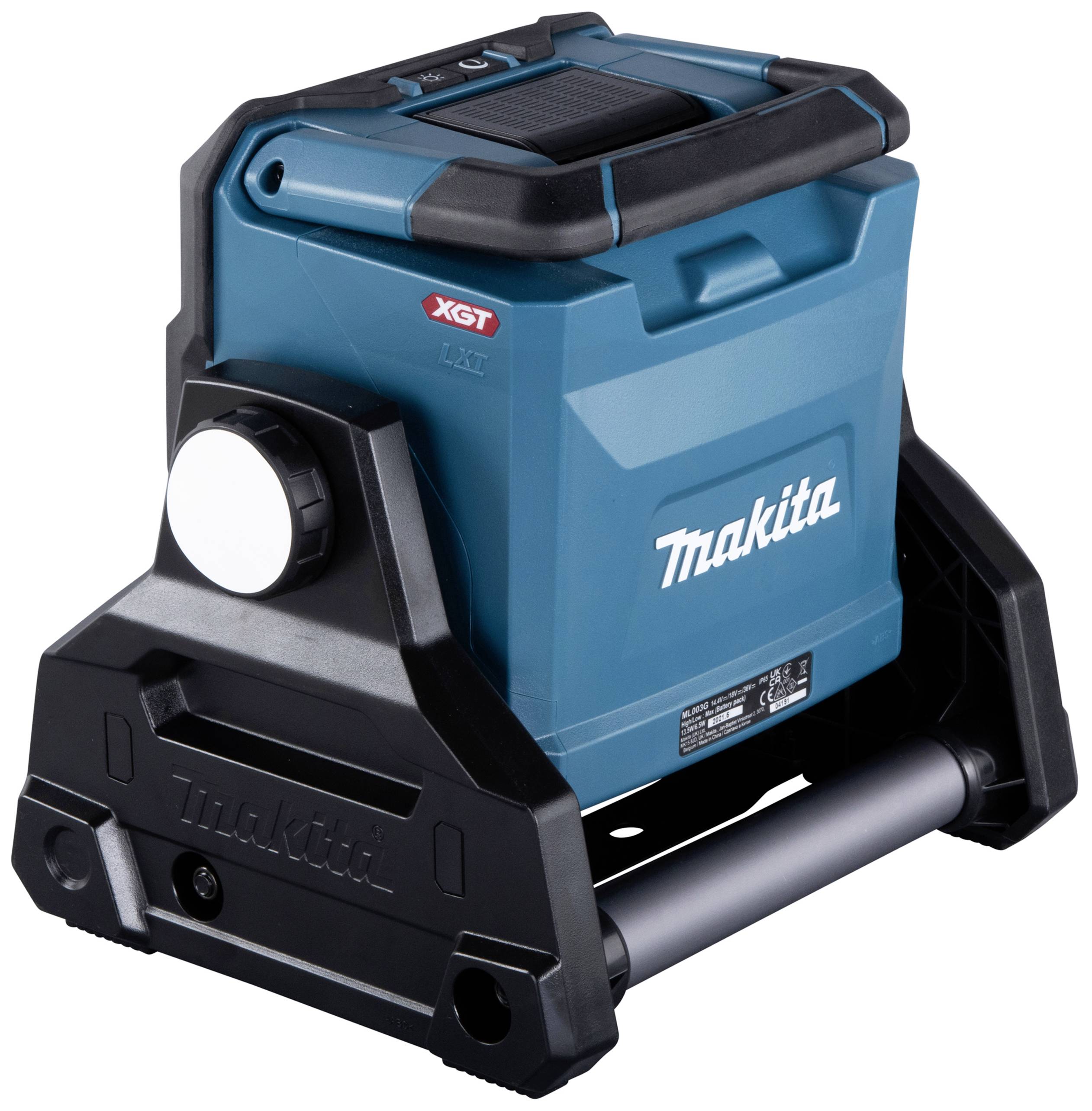 Tragbarer, blau-schwarzer Makita XGT-Lautsprecher mit robustem Design, geeignet für Baustellen- oder Outdoor-Nutzung.