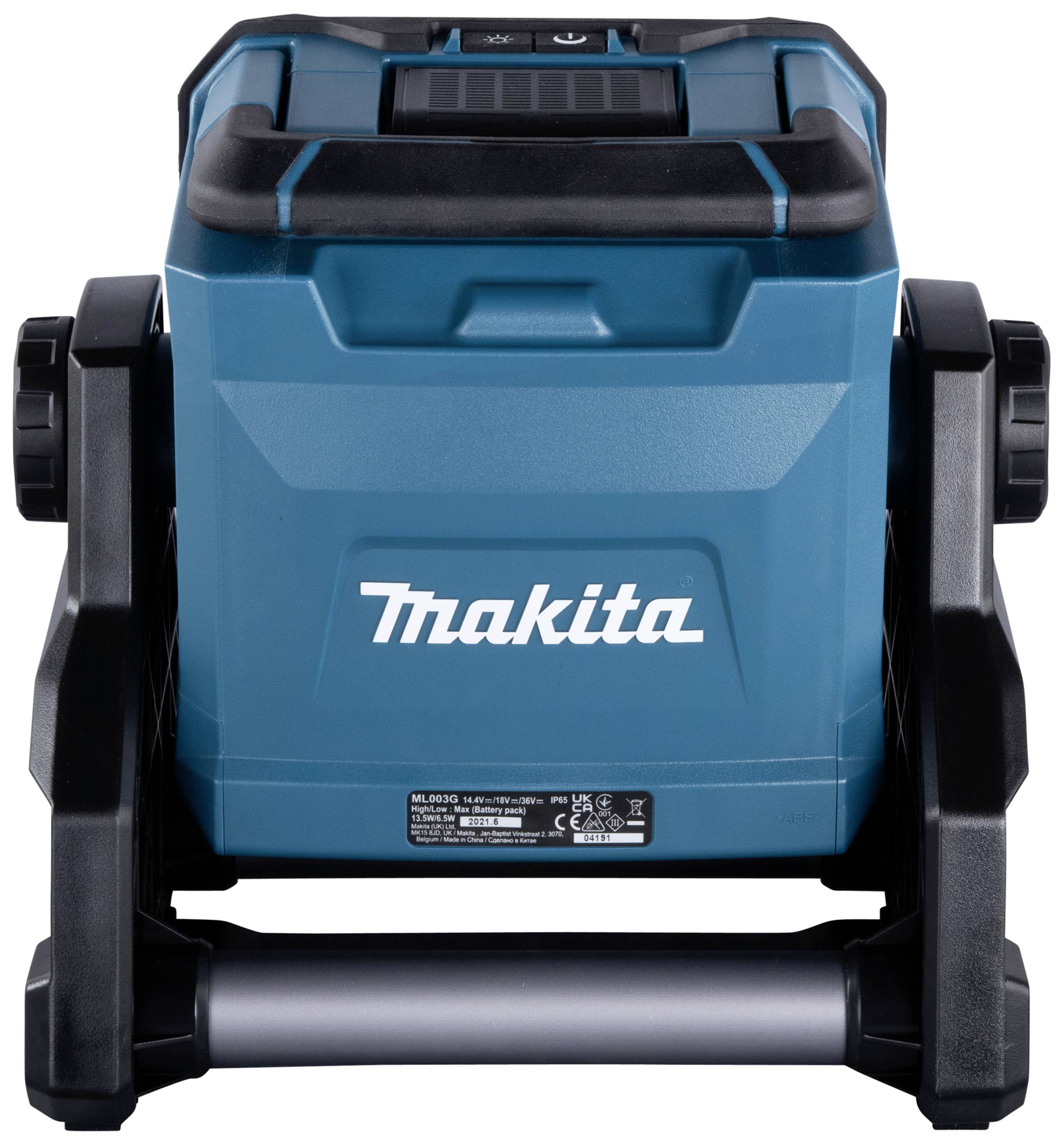 Ein blauer tragbarer Lautsprecher der Marke Makita, stehend auf zwei robusten Beinen.