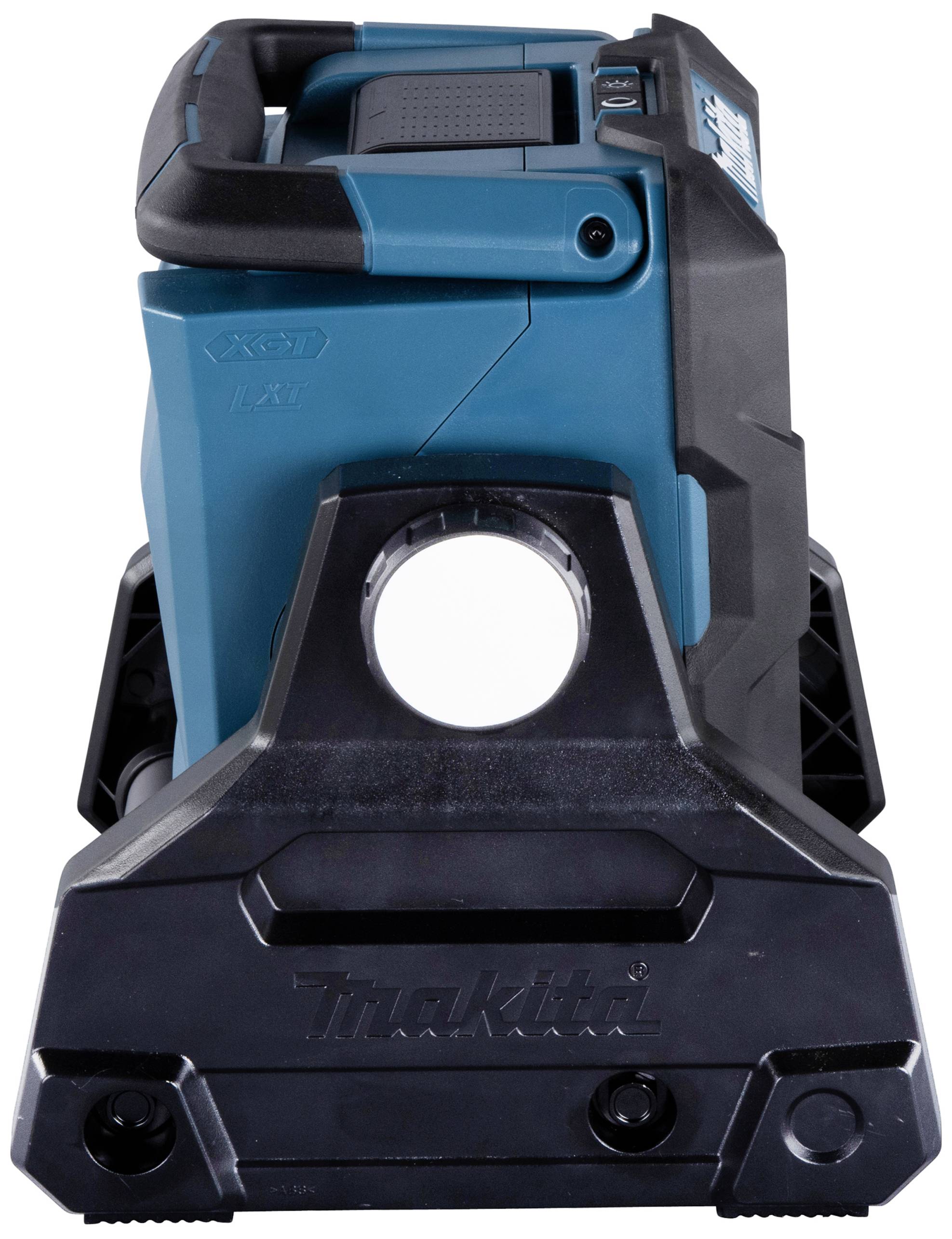 Blauer und schwarzer industrieller Handstaubsauger mit Griff und runder Öffnung. Eignet sich für Baustellen und Werkstattumgebung.