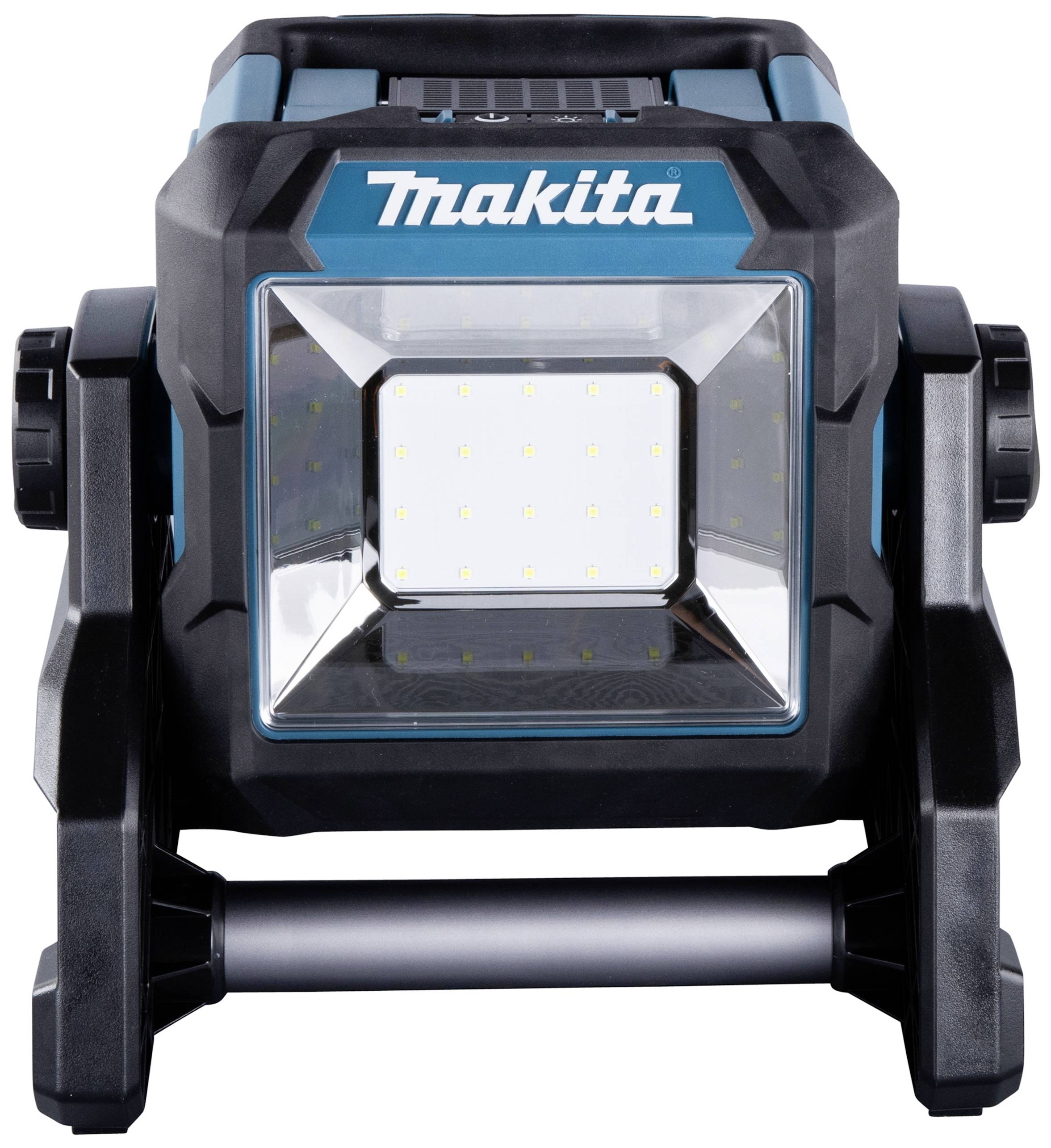 Tragbare LED-Arbeitsleuchte in schwarz-blau mit Markennamen oben. Verwendbar für Bauarbeiten und Werkstätten, bietet helles Licht.