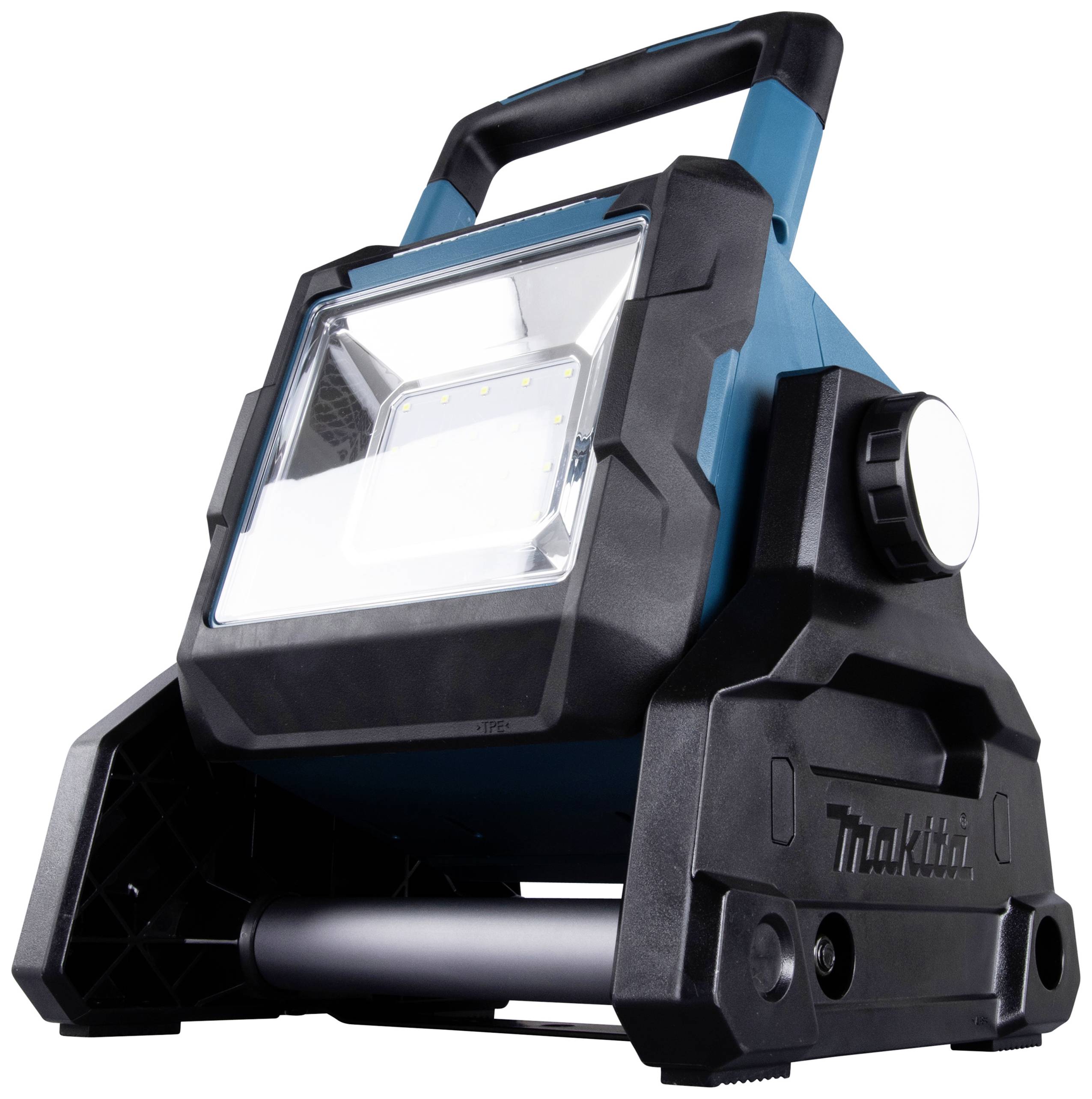Ein tragbares, blau-schwarzes LED-Arbeitslicht mit einem Griff und robustem Gehäuse, designed für den Einsatz in Baustellenumgebungen.
