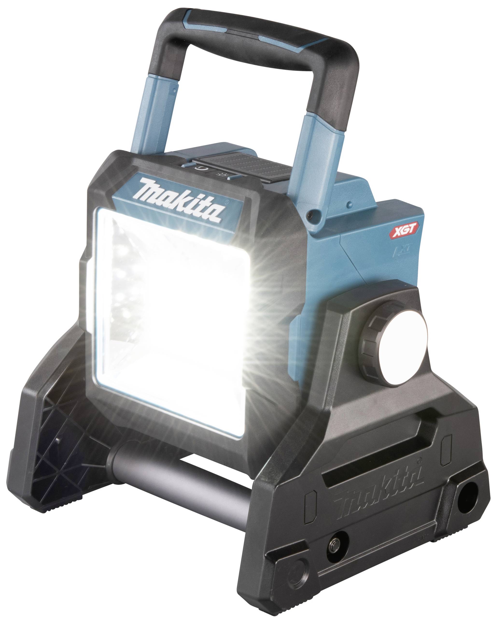 Tragbarer blauer LED-Arbeitsstrahler mit Griff, leuchtend. Enthält Markenlogo oben und steht auf einer stabilen Basis.