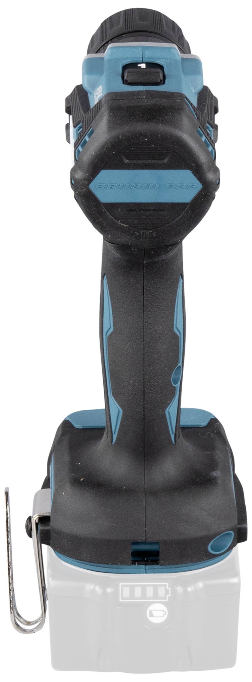 Ein blauer und schwarzer Akkubohrschrauber ohne eingesetzten Akku, von hinten betrachtet.