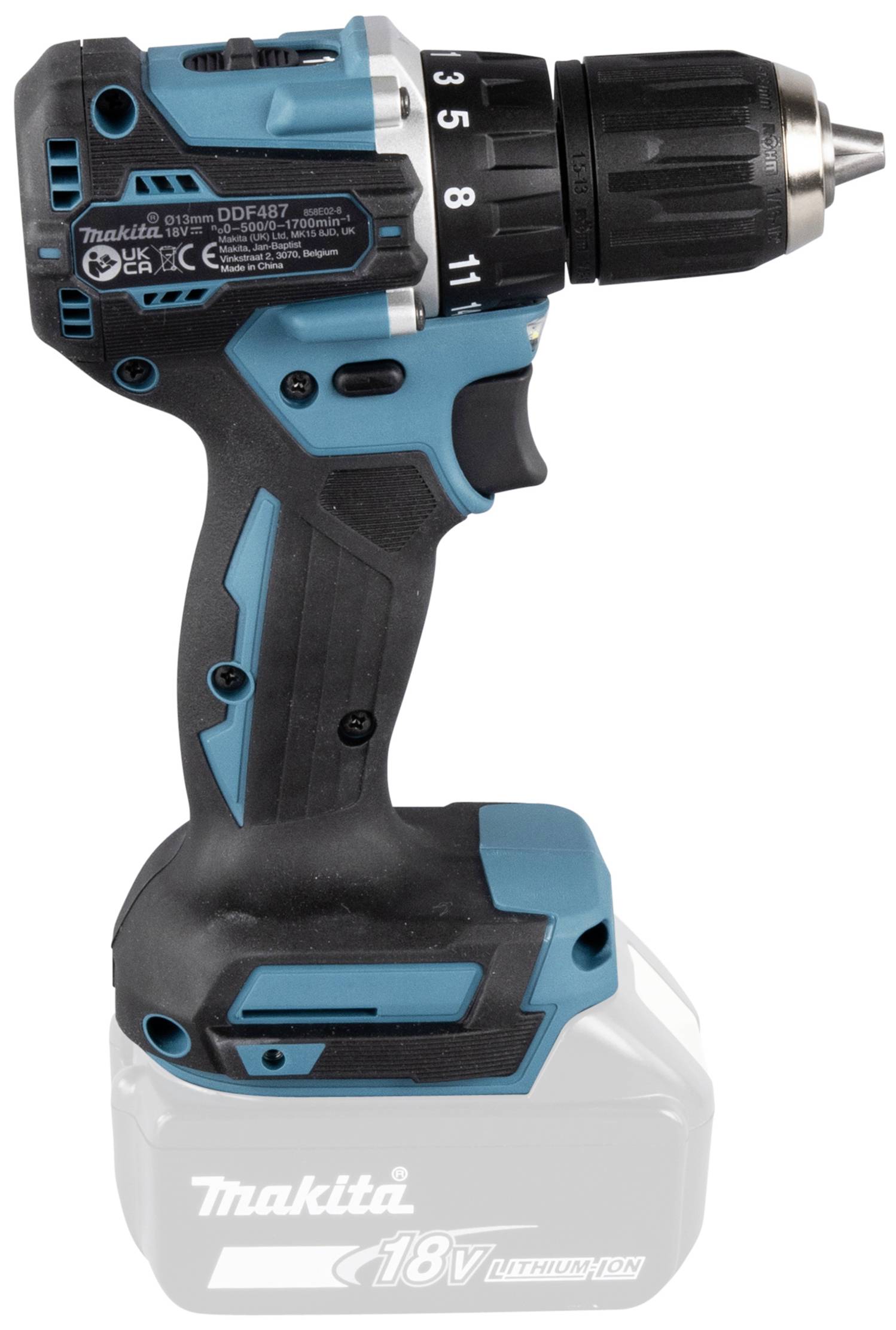 Akkubohrmaschine mit blau-schwarzem Gehäuse, seitliche Sicht, größtenteils kompakt, 18V Li-Ion Akku angezeigt, keine Batterie eingesetzt.