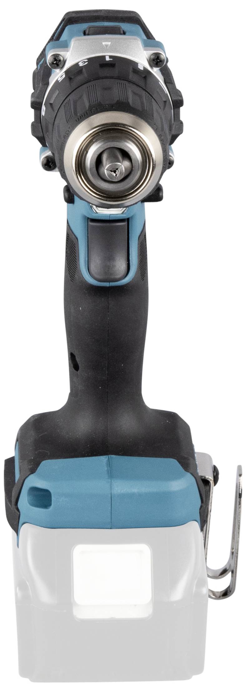 Akkuschrauber mit blau-schwarzem Griff und einem Metalleinsatz vorne.