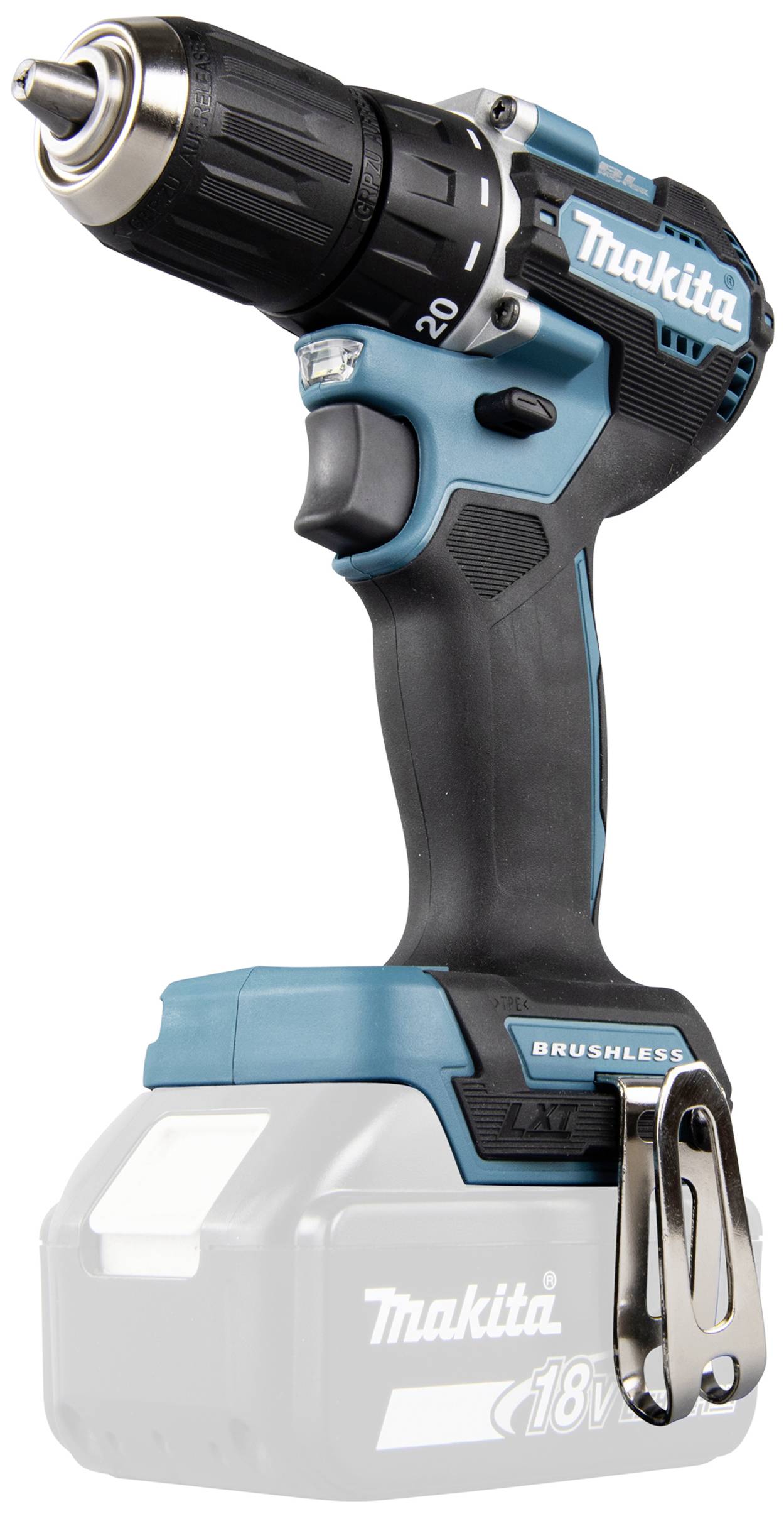 Kabelloser Bohrschrauber mit ergonomischem Griff und blau-schwarzem Gehäuse. Akku ist nicht eingesetzt. Geeignet zum Bohren und Schrauben.