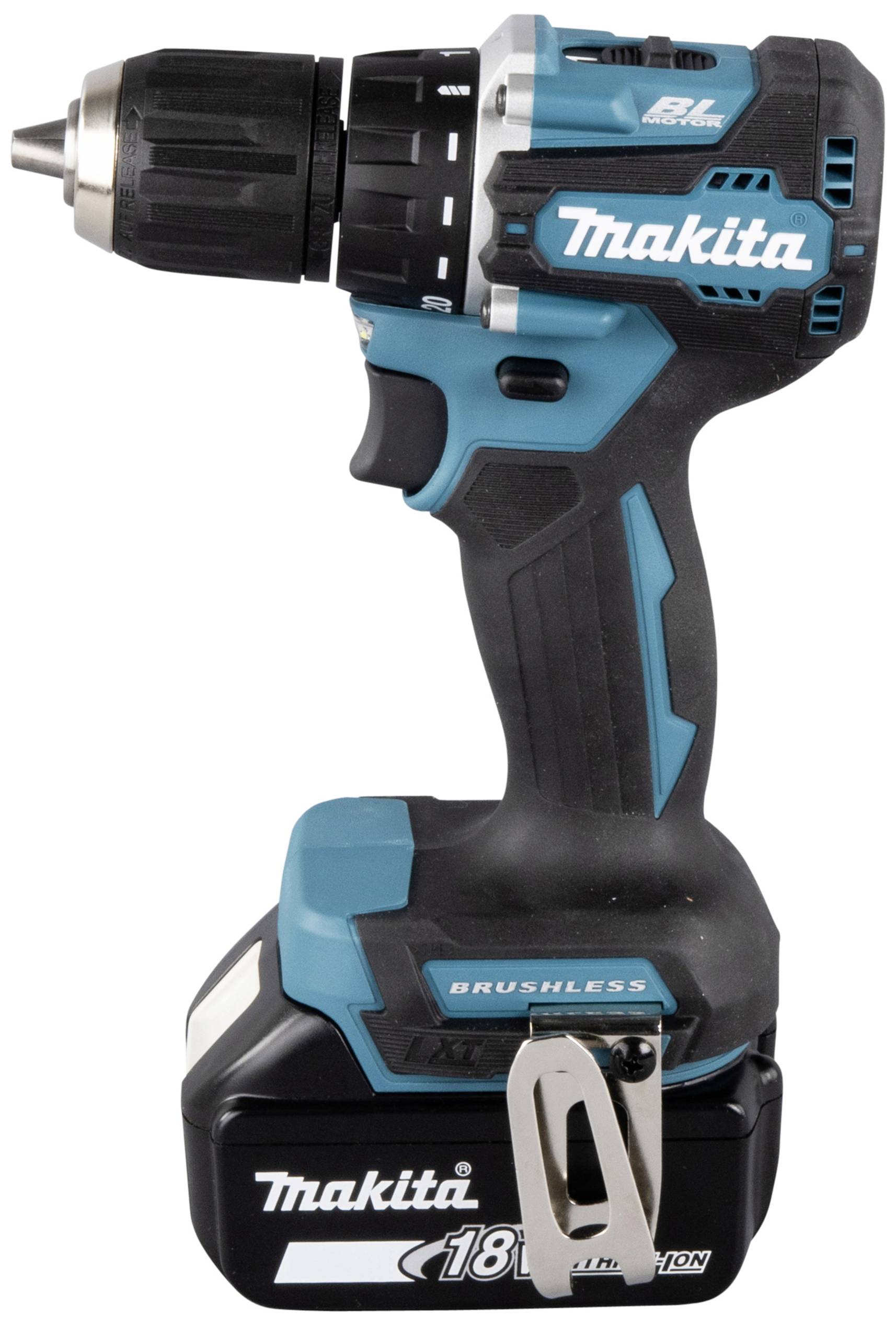 Ein kabelloser Bohrschrauber mit blau-schwarzem Design, Marke und 'Brushless'-Label sichtbar. Akku an der Basis angebracht.