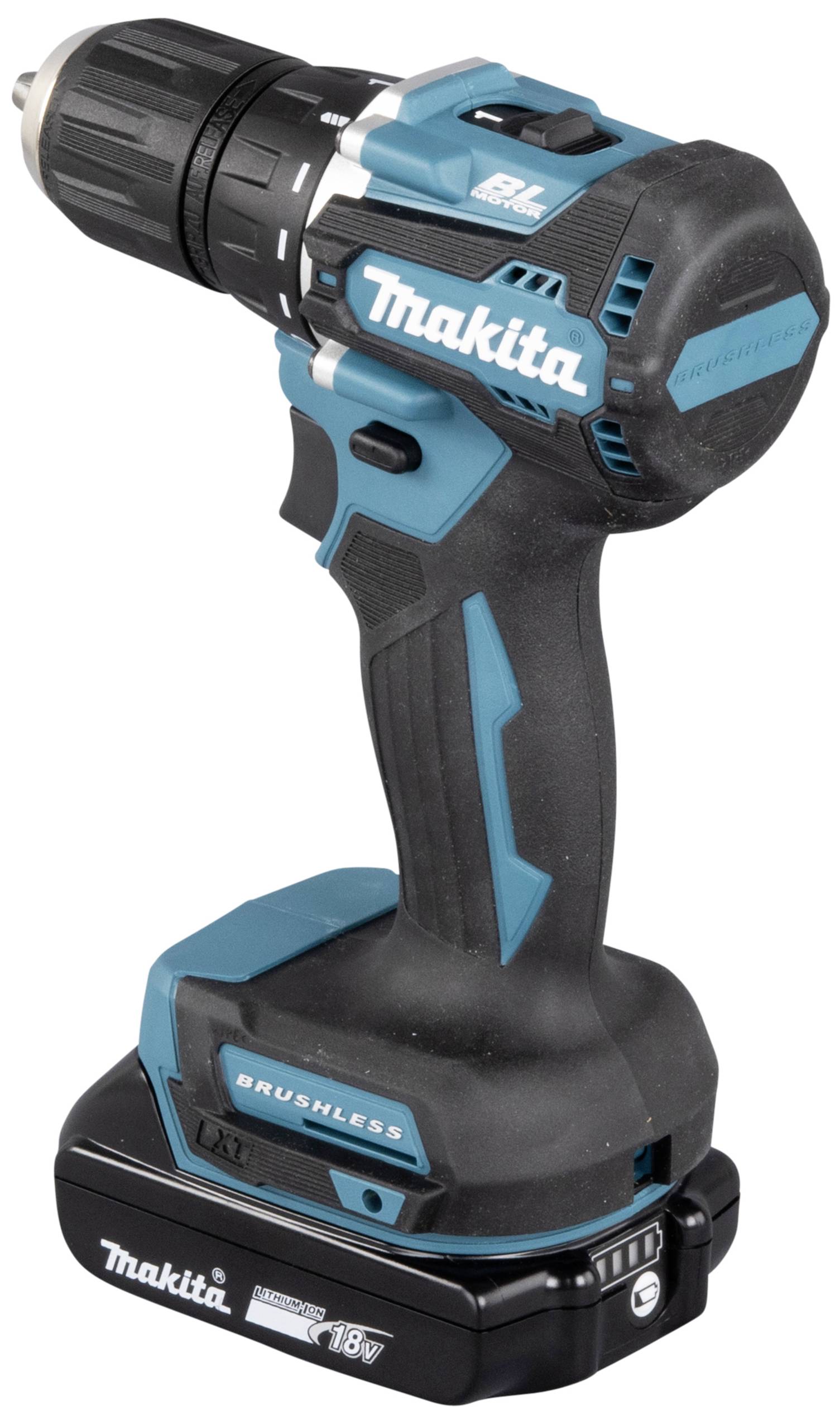 Ein blau-schwarzer Akkuschrauber mit der Aufschrift 'Makita' und 'Brushless'. Er hat einen 18V-Lithium-Ionen-Akku.
