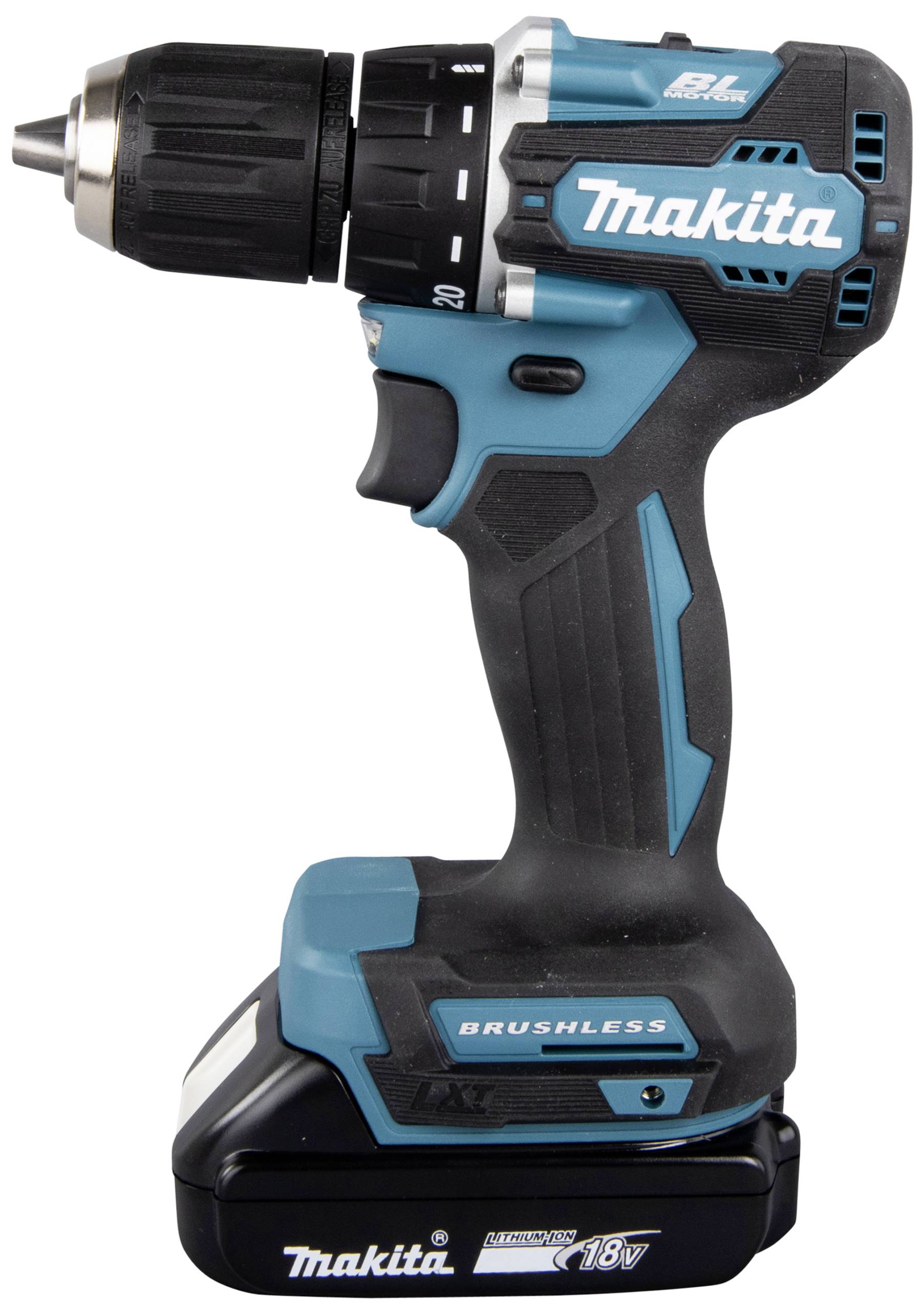 Ein kabelloser Makita-Bohrschrauber mit bürstenlosem Motor, schwarz-blaues Design, griffbereit für verschiedene Bohr- und Schraubarbeiten.