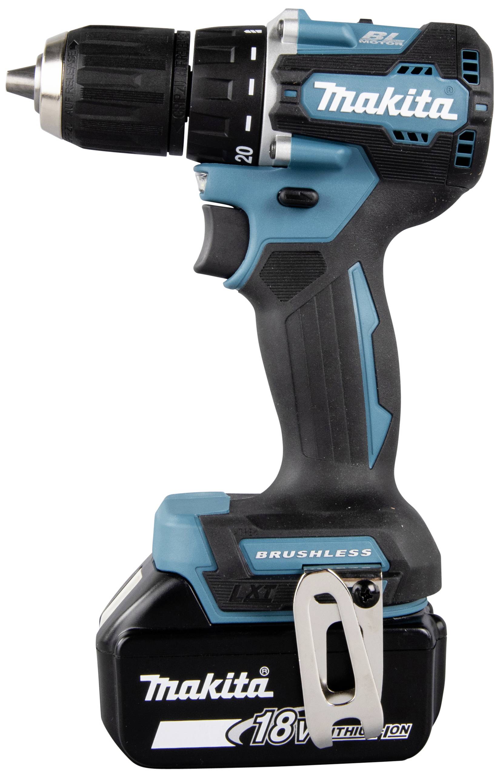 Ein kabelloser Akku-Bohrschrauber der Marke Makita mit 18V Leistung, blau-schwarzes Design, geeignet zum Bohren und Schrauben.