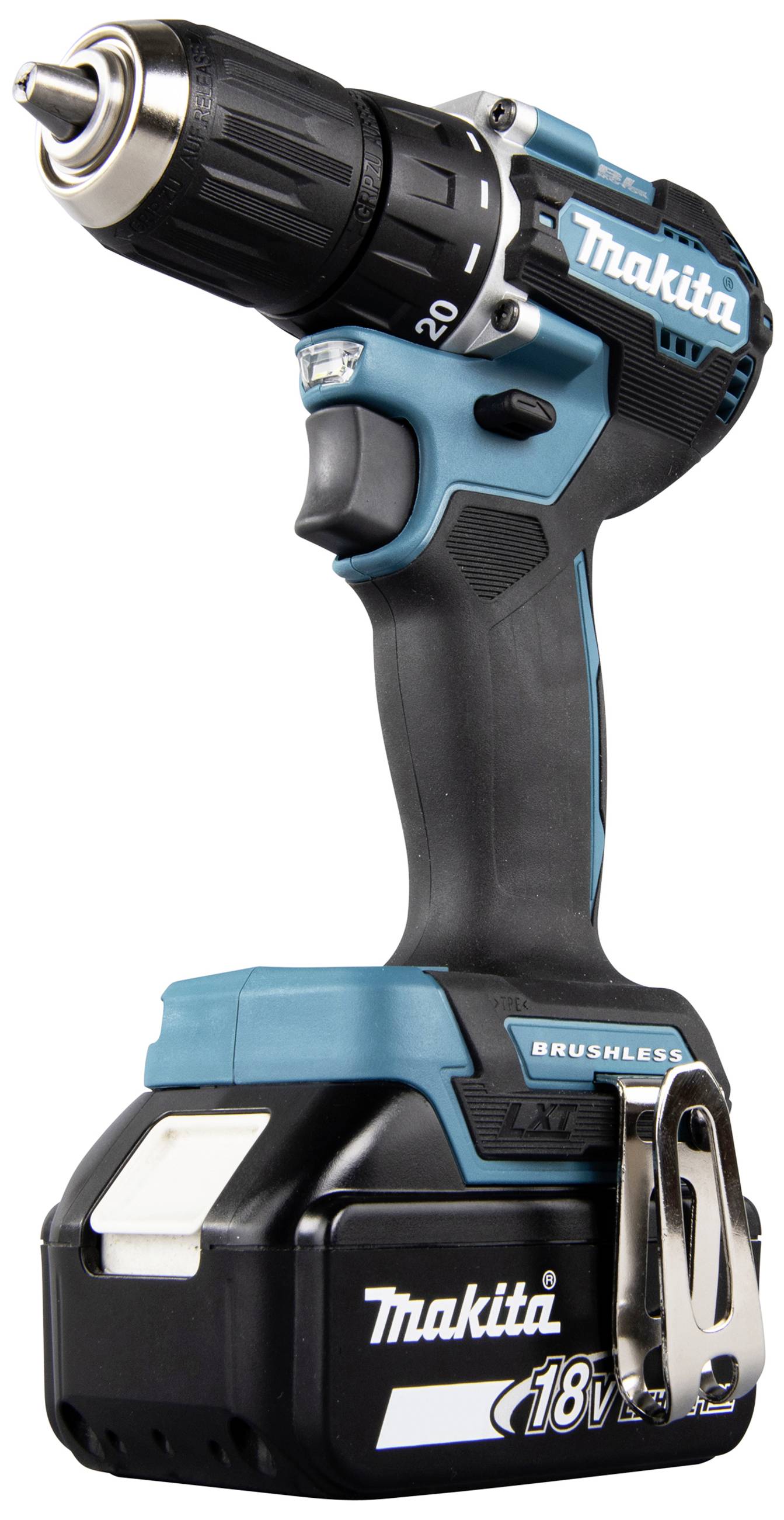 Akkubohrschrauber mit blau-schwarzem Design und 18V-Batterie; von der Marke Makita. Ideal für Heimwerkerprojekte und Bauarbeiten.
