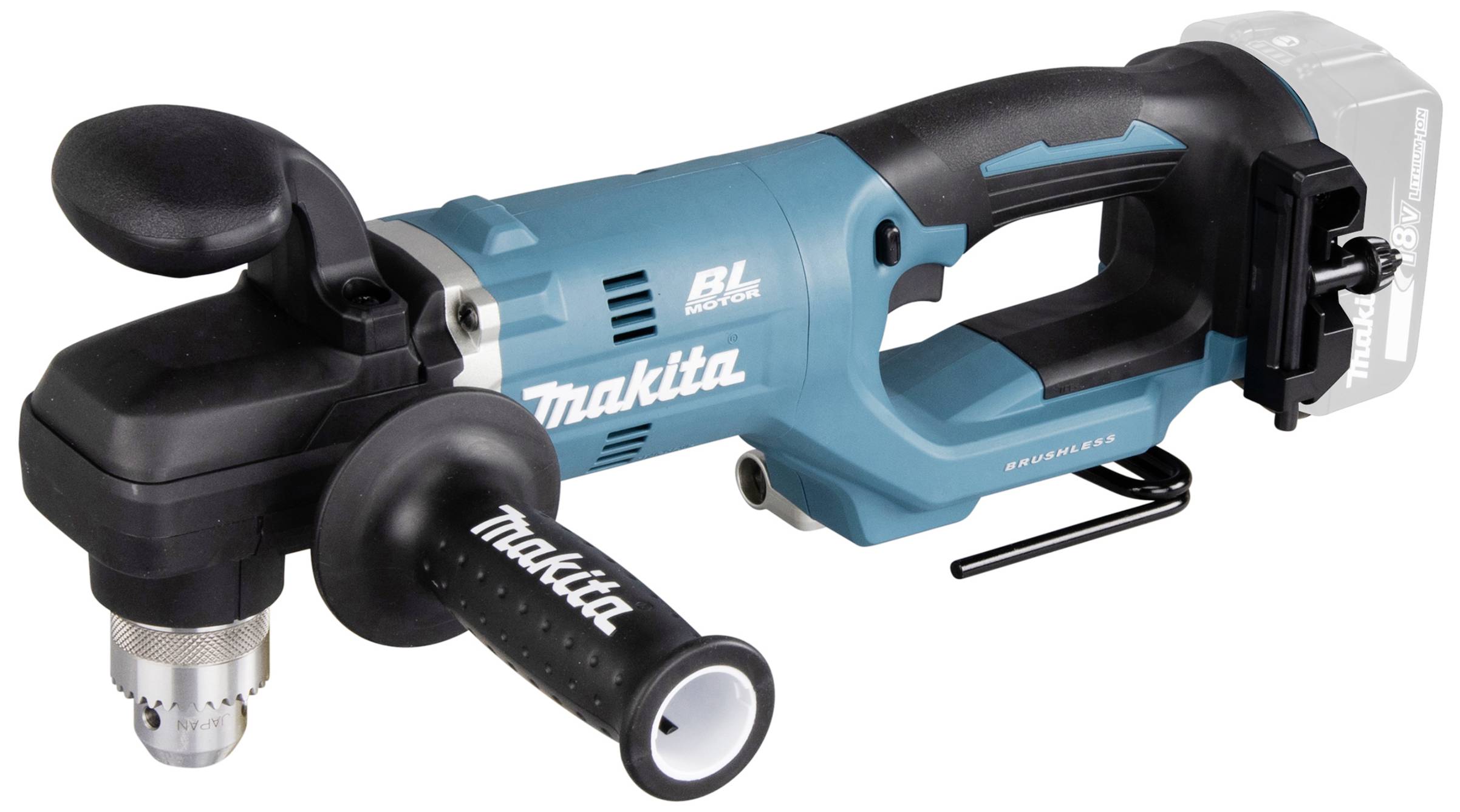 Akkuschrauber mit blauem, ergonomischen Griff und zylindrischem Kopf für schwer zugängliche Stellen, von der Marke Makita.