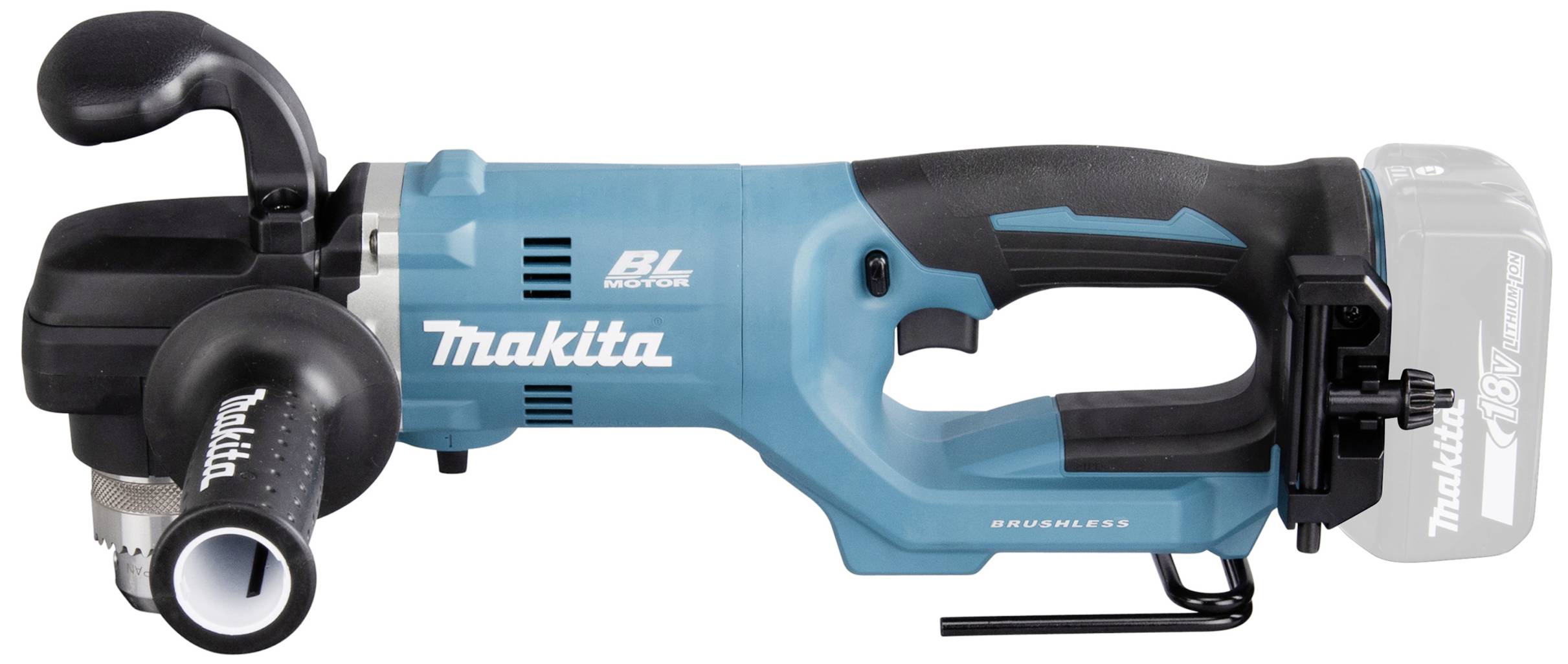 Ein kabelloser Winkelschleifer in Türkis von Makita, mit ergonomischem Griff und abnehmbarem Akku, geeignet für vielseitige Schleifarbeiten.