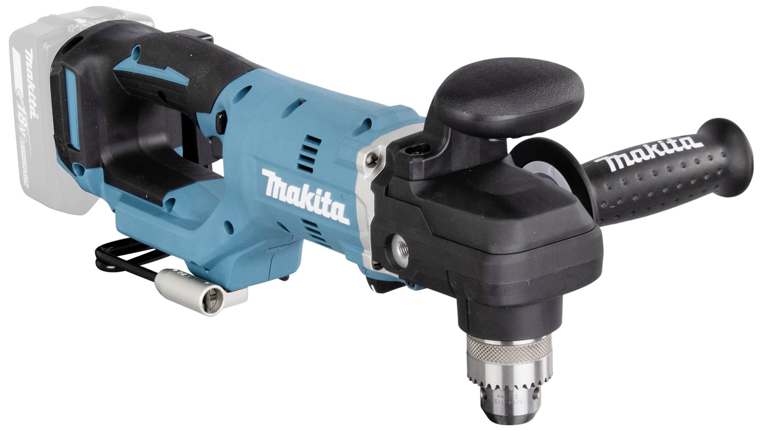 Kabellose Winkelbohrmaschine in Blau und Schwarz mit ergonomischem Griff und Bohrfutter, geeignet für schwer zugängliche Stellen.