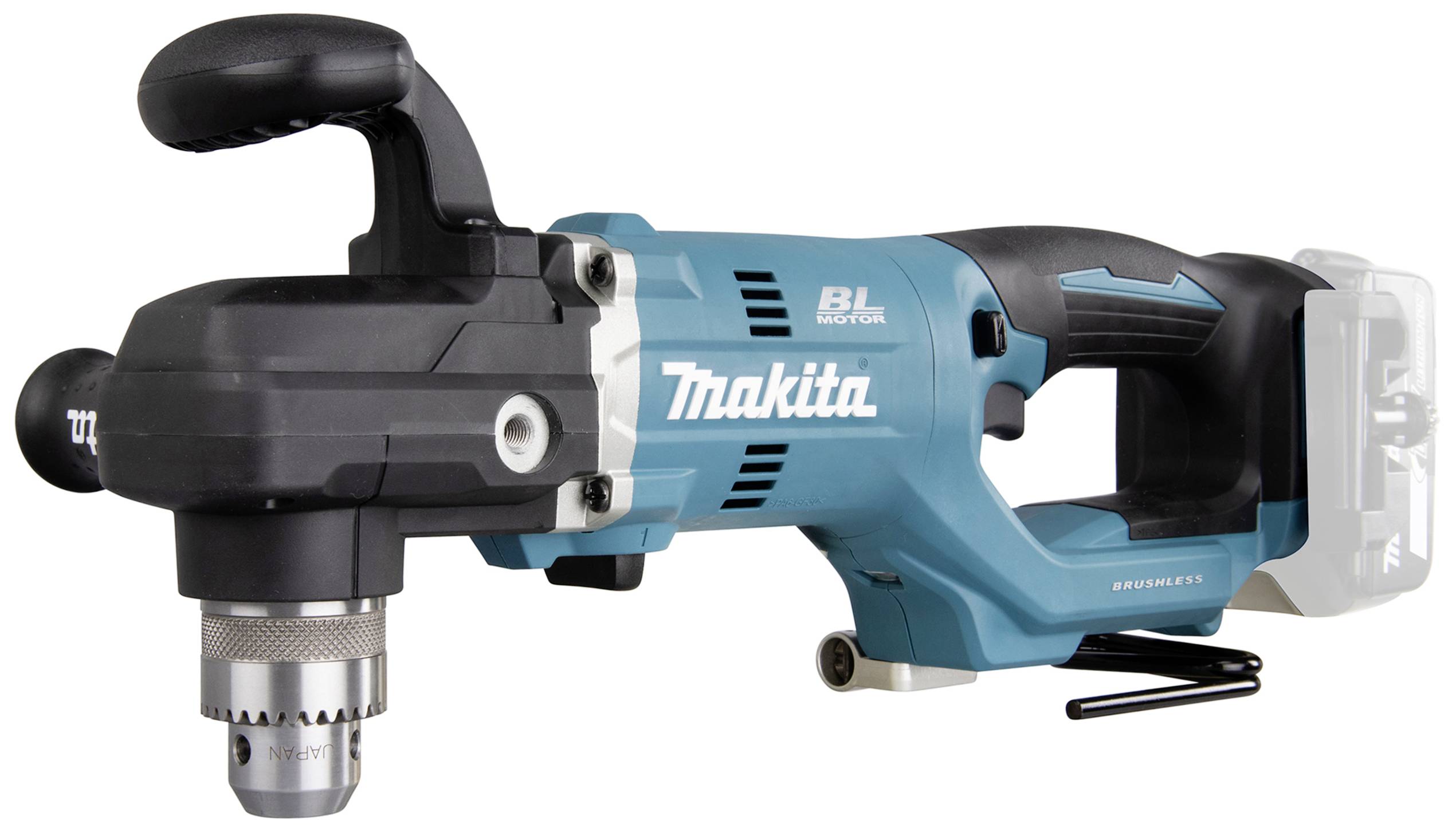 Akkuschrauber in blau-schwarzem Design, mit seitlichem Handgriff und Markenlogo auf der Seite. Ideal für Bohrarbeiten.