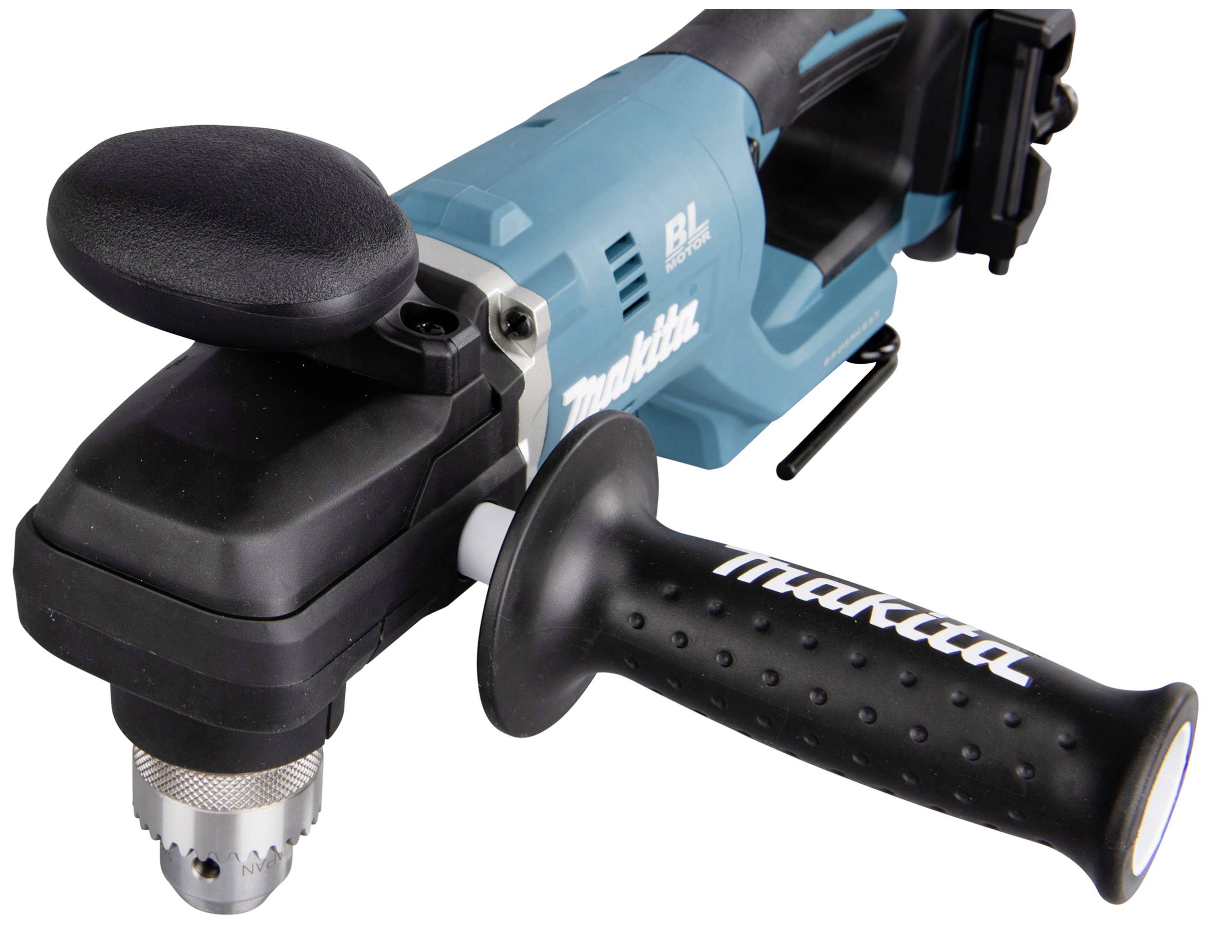 Akku-Winkelbohrmaschine in Blau mit schwarzem Griff, geeignet für enge Arbeitsbereiche.
