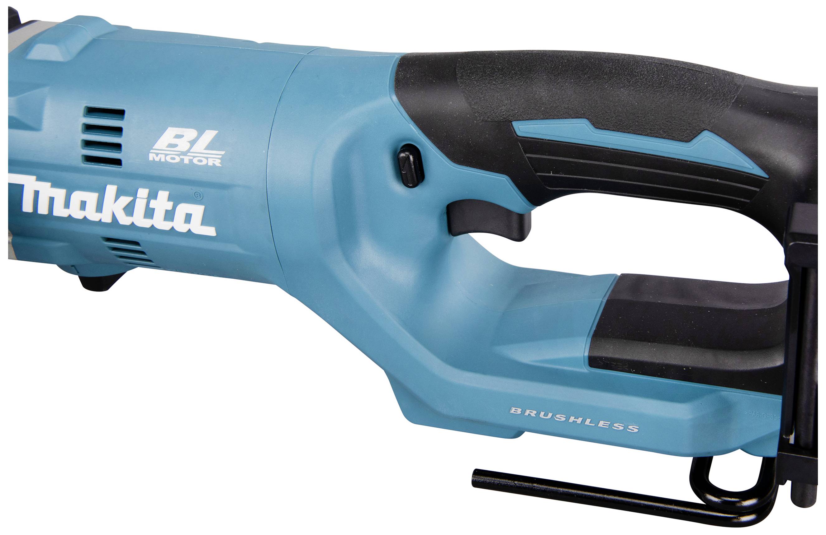 Ein blauer, kabelloser Handgriff einer Makita Elektrosäge mit der Aufschrift 'BL Motor' und 'Brushless'.