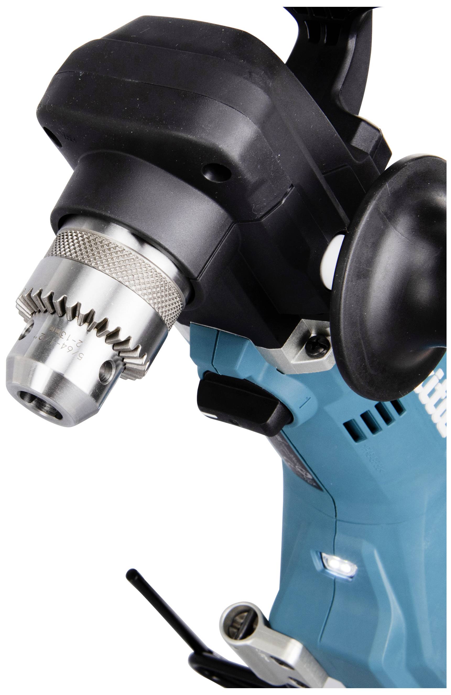 Nahaufnahme eines Bohrfutters einer blauen elektrischen Bohrmaschine. Links ein schwarzer Griff und rechts ein integrierter Hebel.