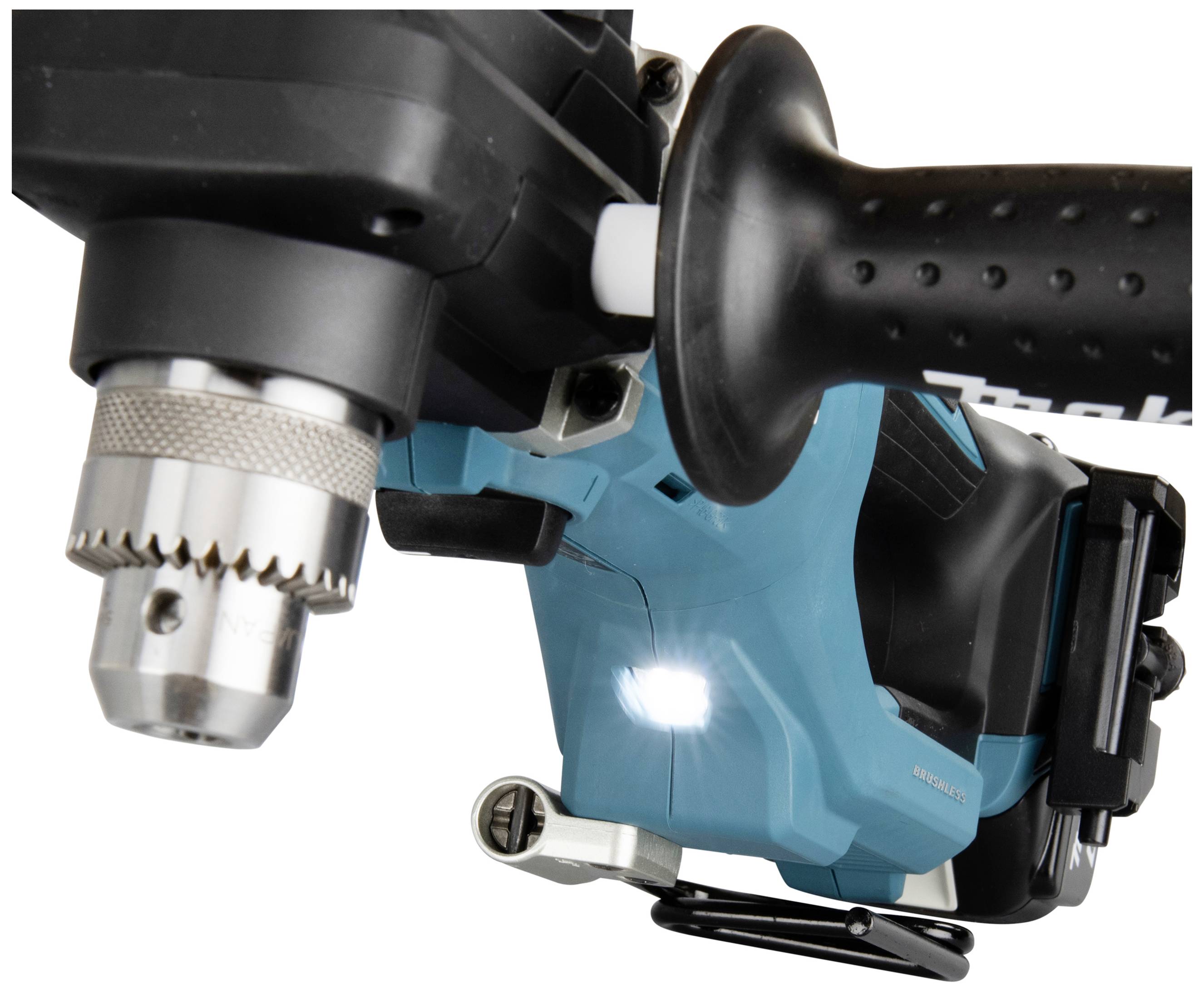 Eine blaue elektrische Bohrmaschine mit einem schwarzen Handgriff und einem leuchtenden LED-Licht an der Vorderseite.