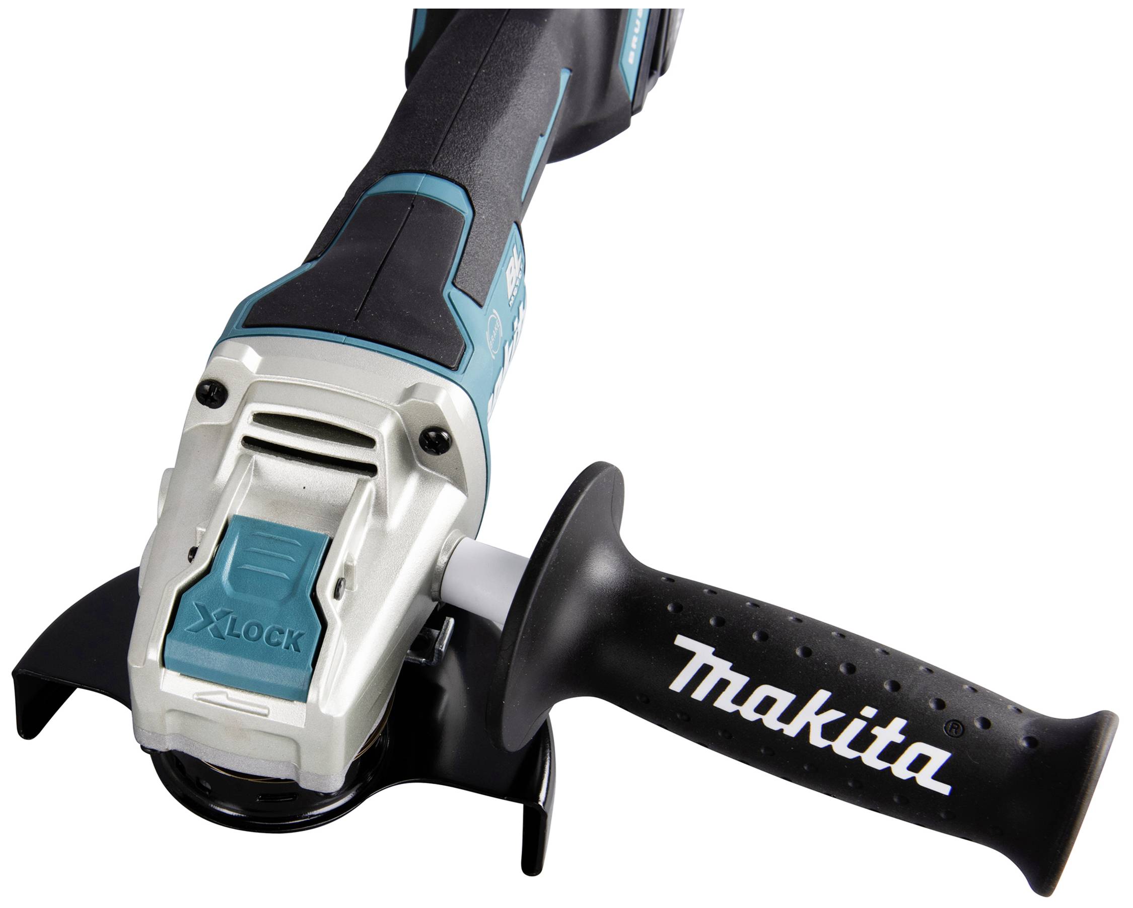 Ein Winkelschleifer mit schwarzem und blauem Gehäuse und abnehmbarem Handgriff.