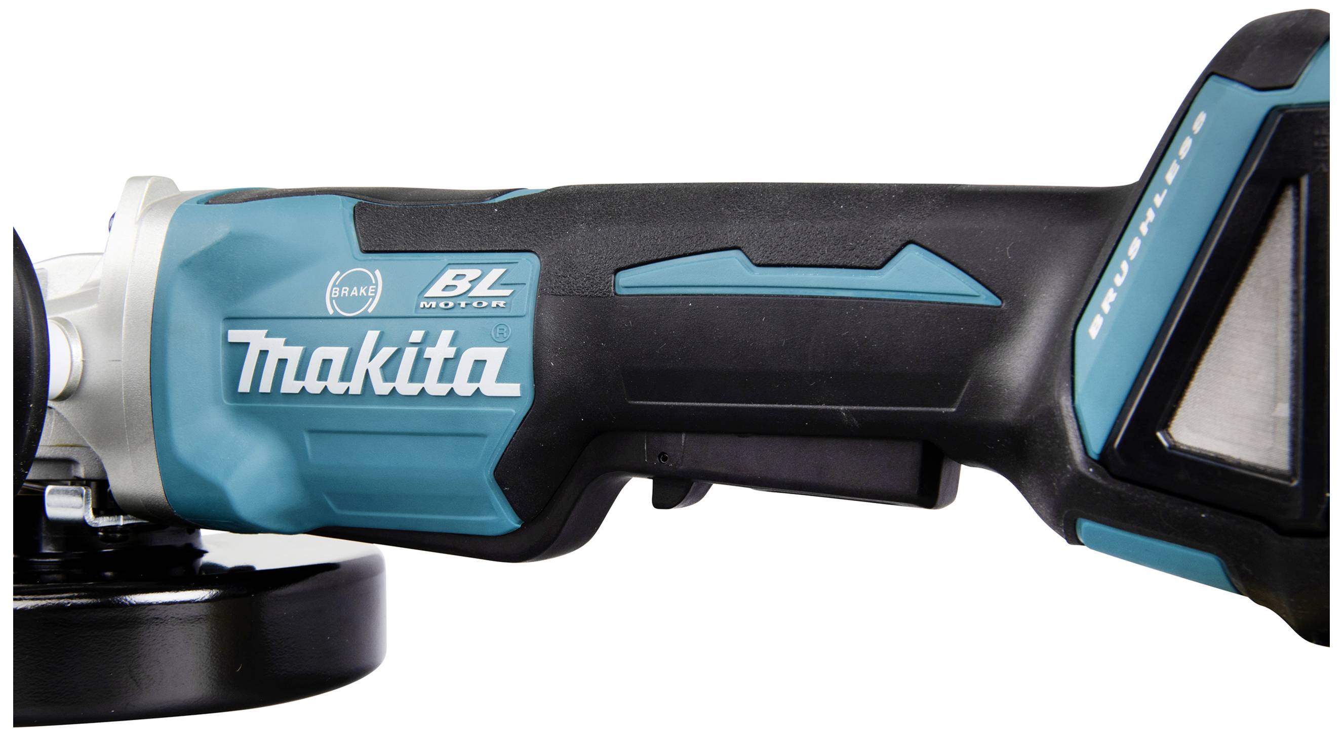 Akkuschleifer mit 'Makita' Logo, ergonomisches Design, schwarz-blaues Gehäuse.