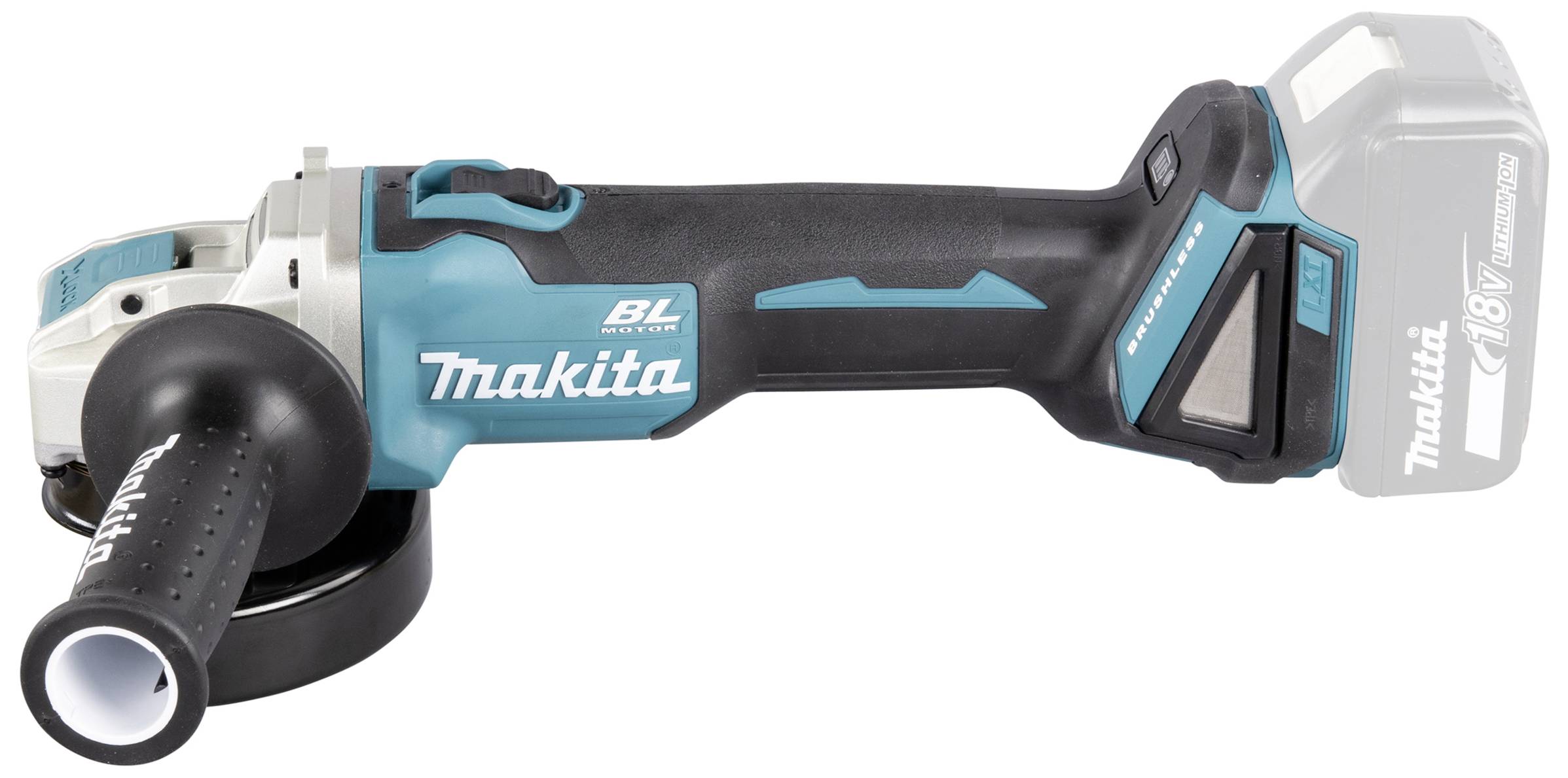 Ein kabelloser Winkelschleifer mit ergonomischem Griff und Akku, markiert mit 'Makita BL', geeignet für verschiedene Schleifarbeiten.