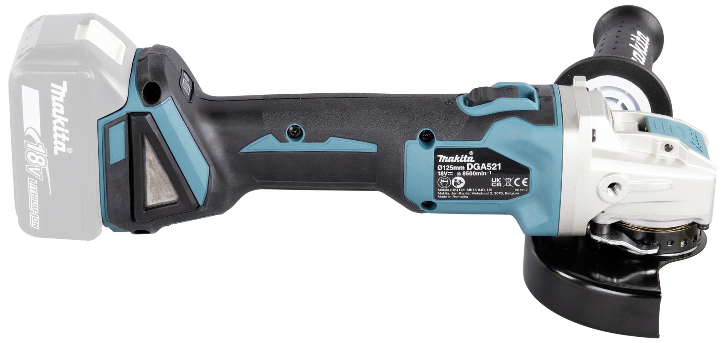 Akkubetriebener Winkelschleifer in Schwarz und Blau mit sichtbarem Makita-Logo, seitlich liegend; Werkzeug für Schleifarbeiten.