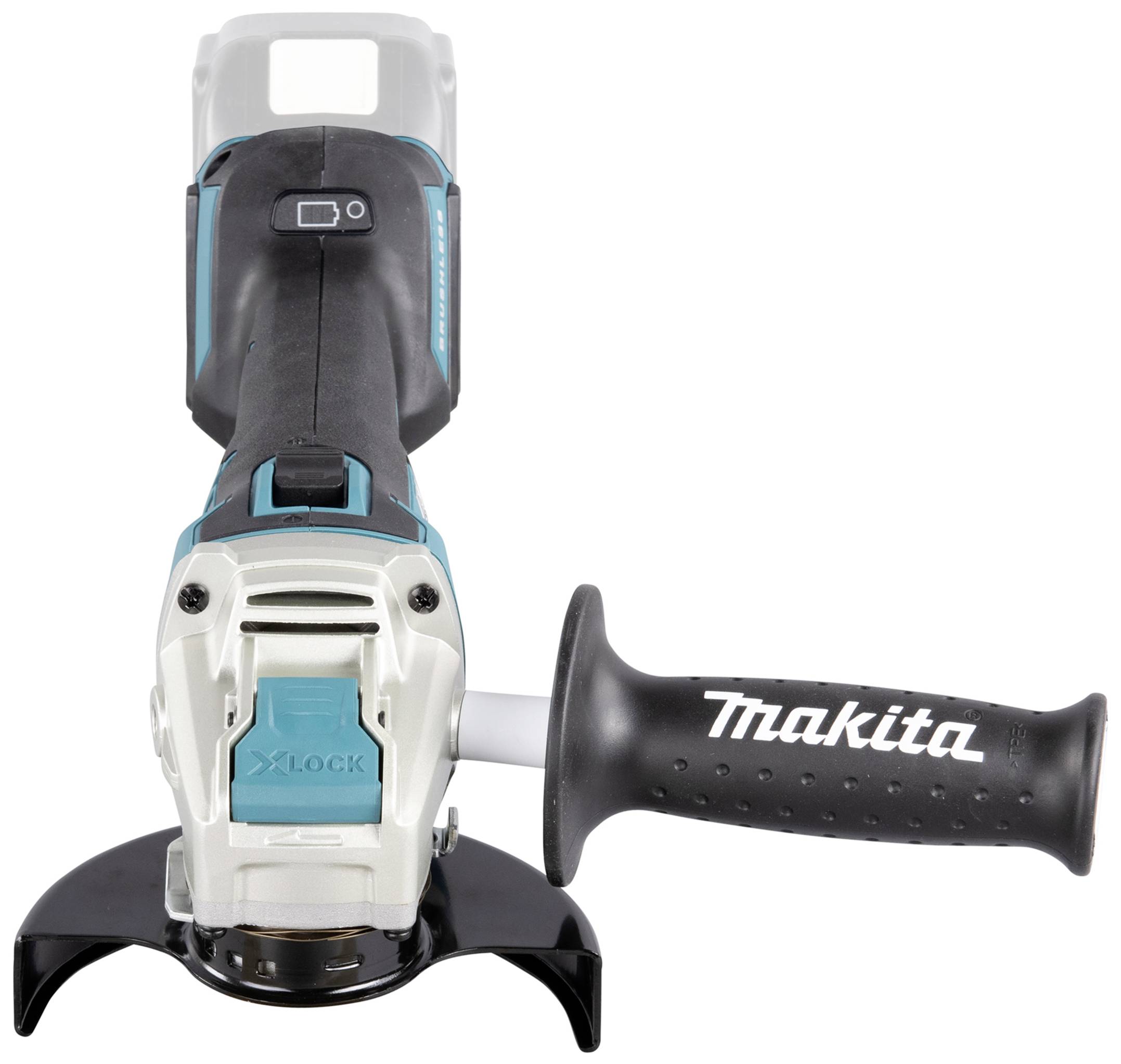 Akkubetriebener Winkelschleifer mit ergonomischem Griff, blau-schwarz. Marke auf dem Griff: 'Makita'. Frontansicht des Werkzeugs.
