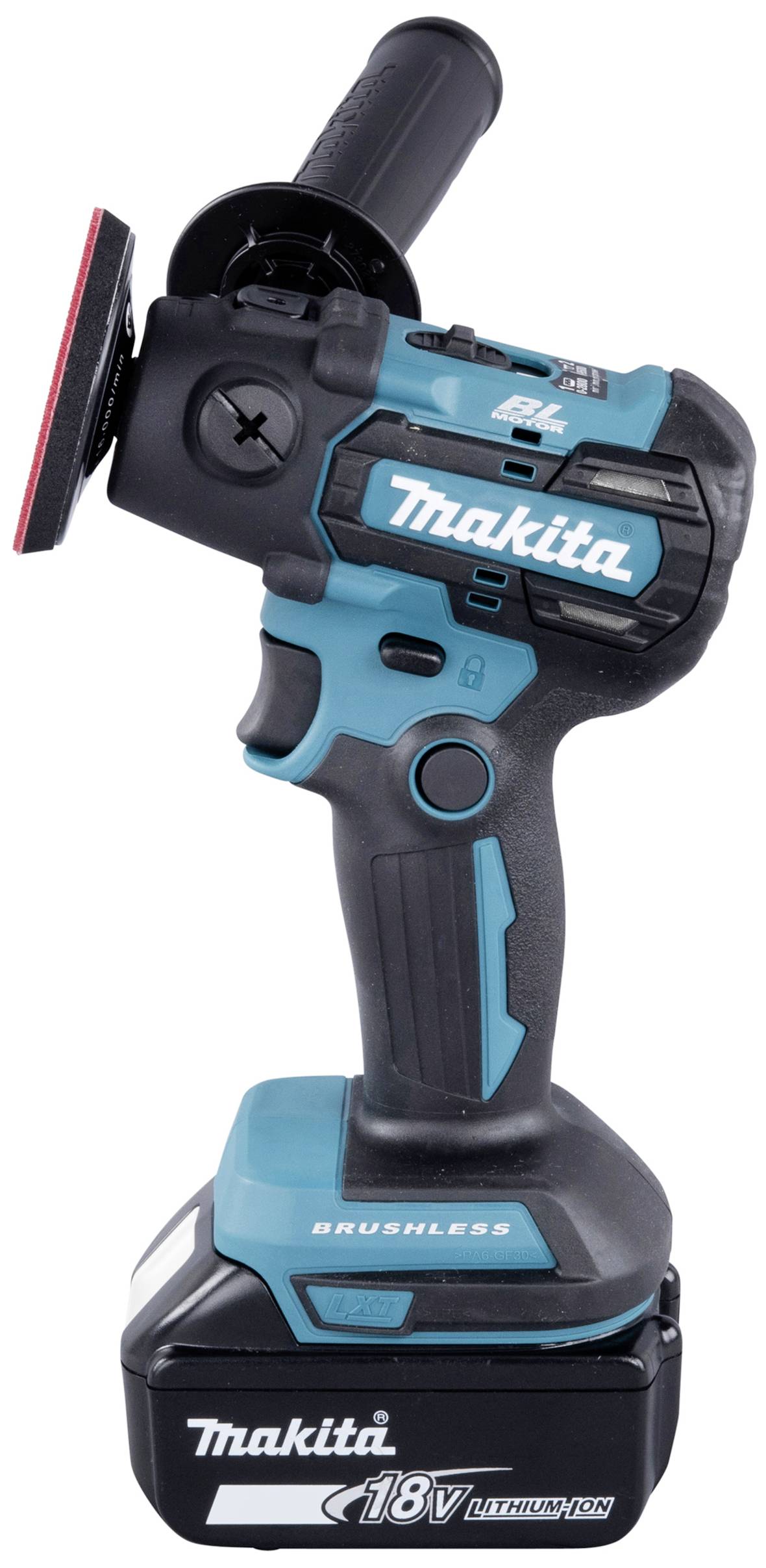 Ein kabelloses, blauschwarzes Makita-Polierwerkzeug mit 18V Lithium-Ionen-Akku und rotem Polierkopf, aufrecht stehend.