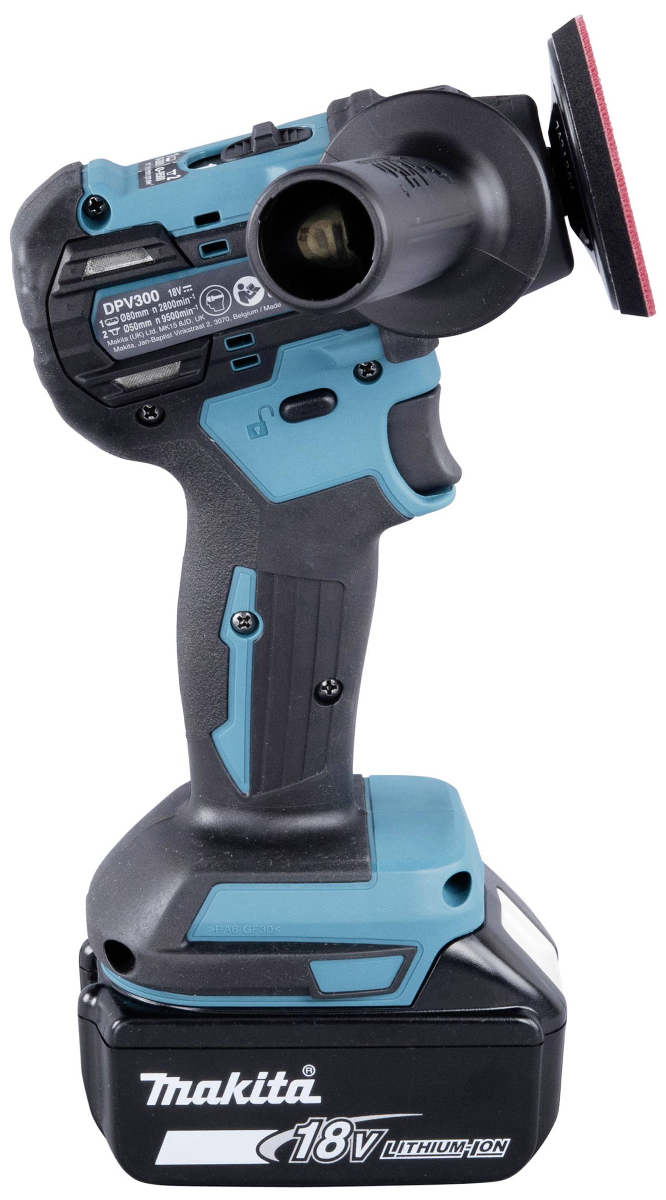 Ein kabelloser 18V-Handpolierer mit ergonomischem Griff und aufgesetztem Polierkissen, geeignet für vielseitige Polierarbeiten.