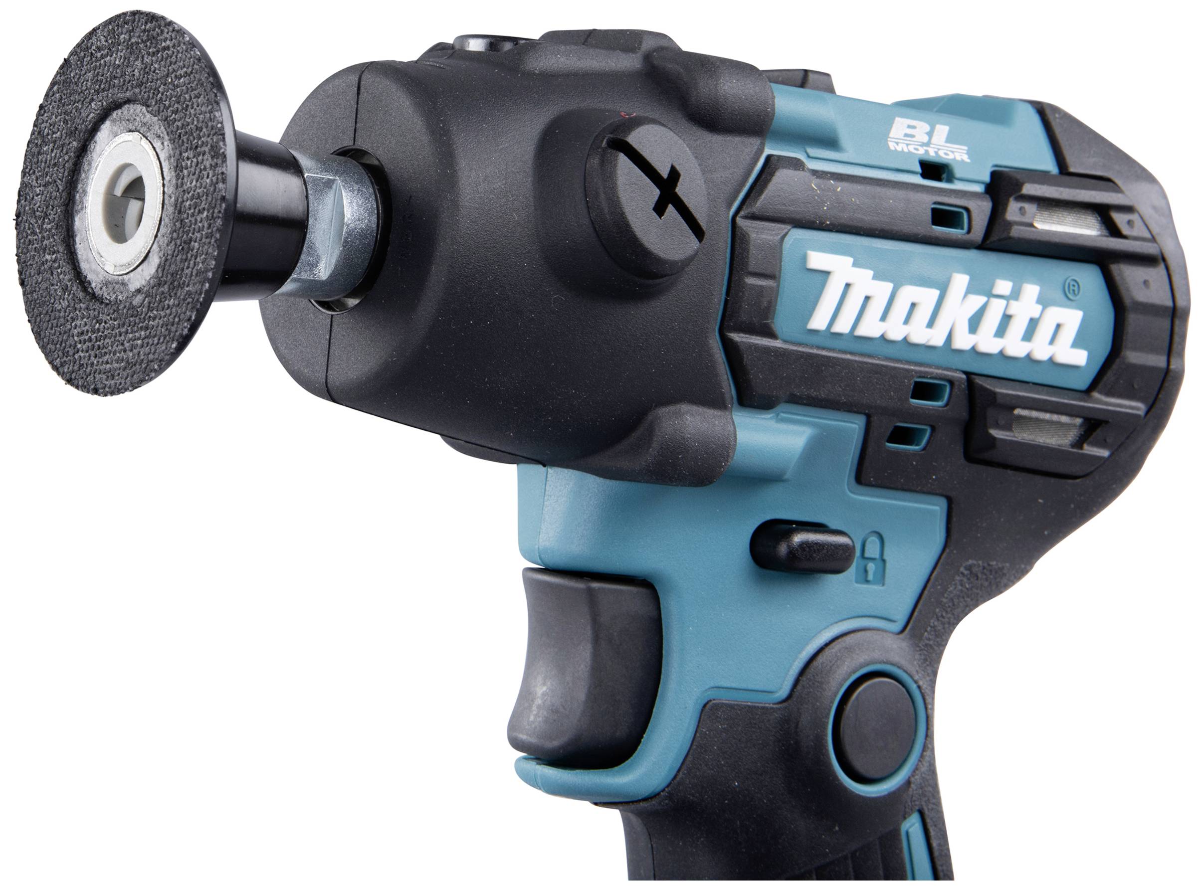 Ein blau-schwarzer kabelloser Winkelschleifer von Makita, Modell 'BL Motor', mit einem kleinen Schleifkopf, seitlicher Verriegelungstaste und ergonomischem Griff.