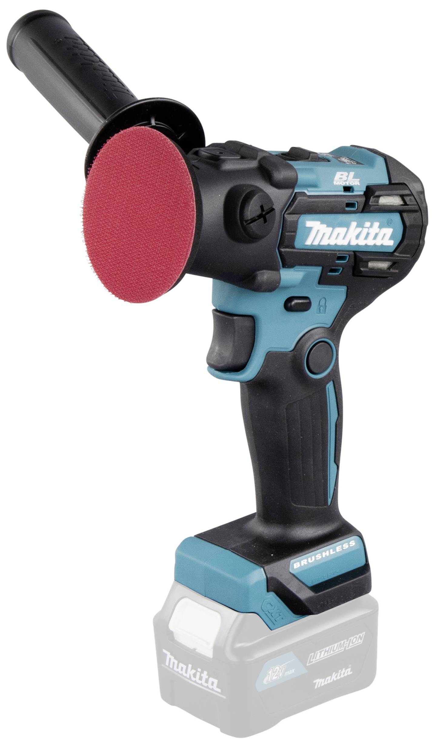 Akku-Poliermaschine mit Bürstenmotor von Makita, ergonomischer Griff und rotem Polierpad, geeignet für professionelle Oberflächenbearbeitung.