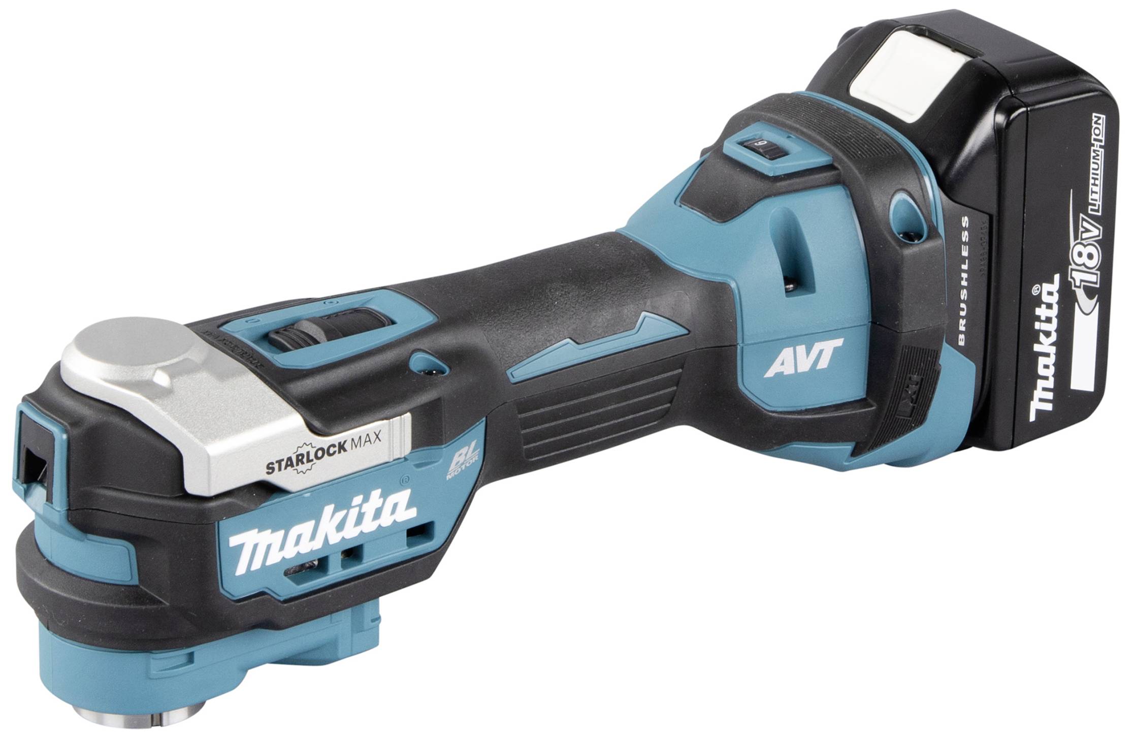 Kabelloses Makita Multifunktionswerkzeug mit 18V-Akku, geeignet für verschiedene DIY-Arbeiten.